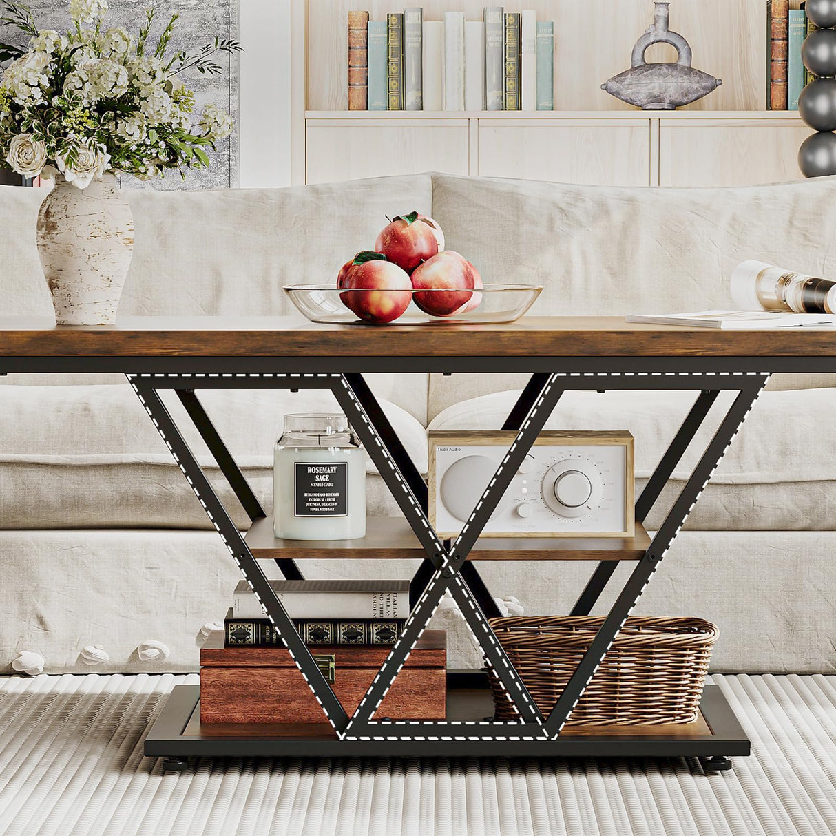 Espelism Coffee Table with Storage Industrial 3 Tier Center Living Room Table Farmhouse Wooden Rectangle Cocktail Rustic Tea Table for Office Bedroom(Brown)