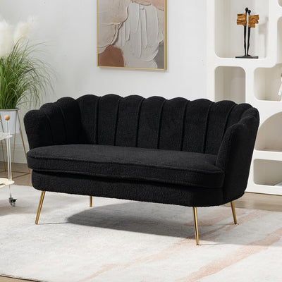 DWOYFO 59” Small Modern Teddy Loveseat Sofa, 2-Seater Sofa with Gold Metal Legs, Small Couch with Flower Shaped Back for Living Room Bedroom Office (Teddy, Black)