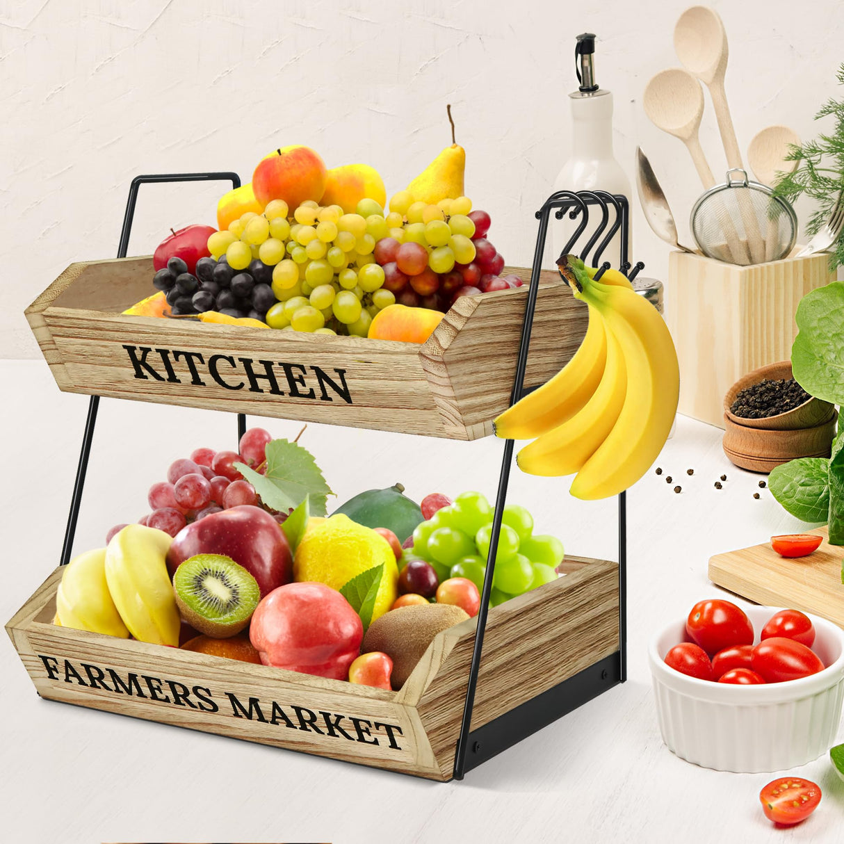 Esbainia Fruit Basket for Kitchen Countertop, 2 Tier Fruit Bowl with 3 Banana Hangers, Large Capacity Fruit Stand Storage Holder, Wooden Basket for Fruit Vegetables Snack, Kitchen Organizer Decor Esbainia