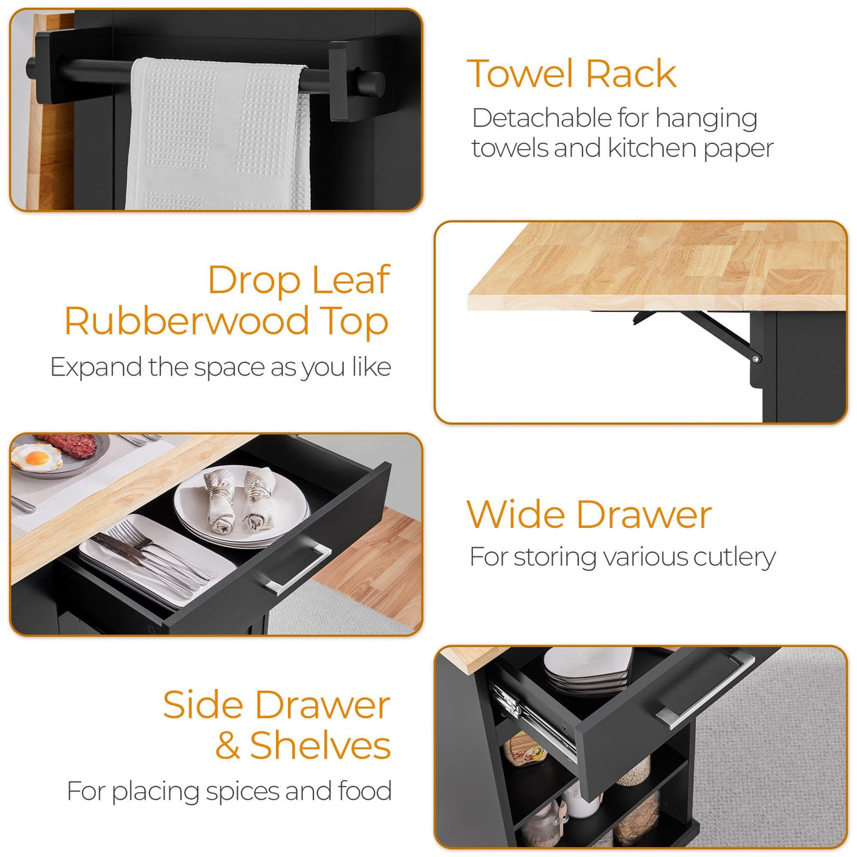 Yaheetech Rolling Kitchen Island Cart with Drop Leaf, Portable Rubberwood Breakfast Bar with Storage Cabinet, Open Shelves & Detachable Towel, 2 Drawers, Black Yaheetech