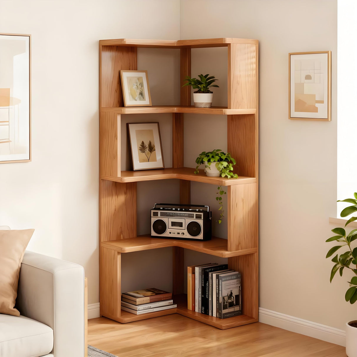 4-Tiers Corner Bookshelf with Storage, Modern Geometric Bookcase, L-Shaped Book case estantes,Wooden Storage Shelves,for Home Office, Living Room, Bedroom (4-Tier) WoodArtSupply