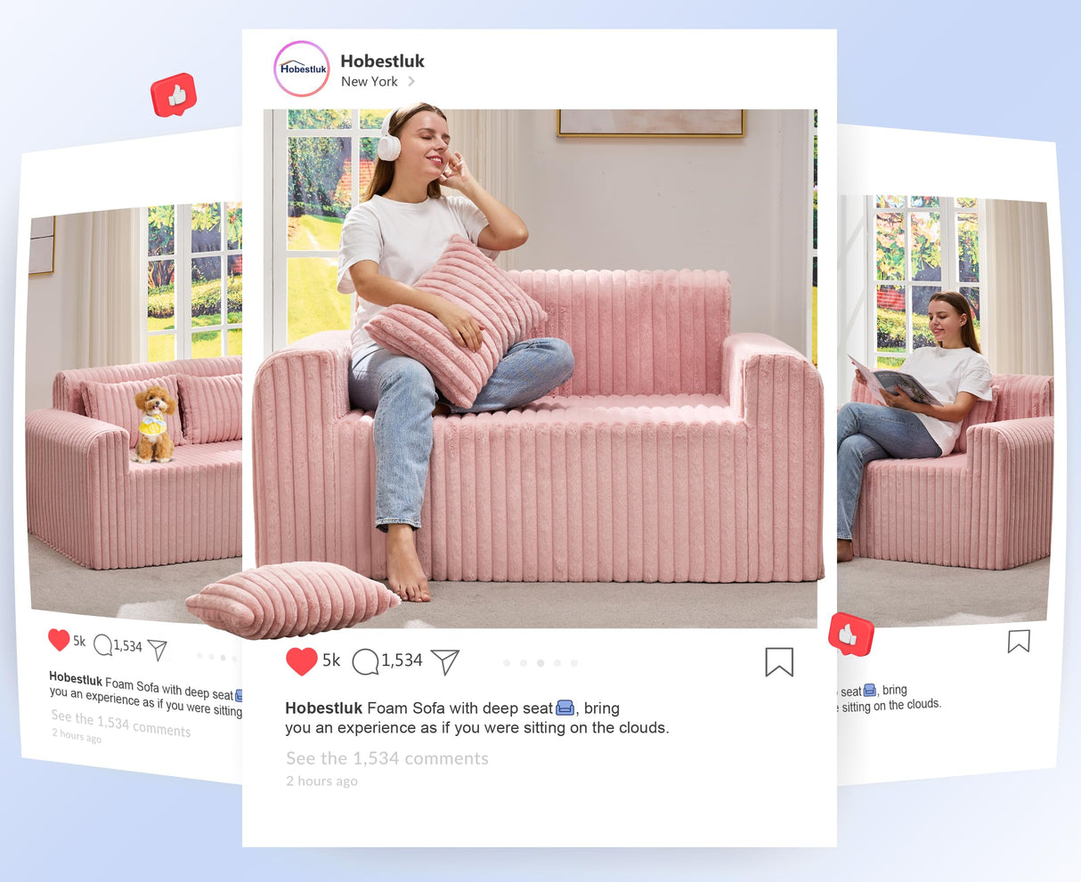 Hobestluk Couch Sofa 2-Seater Foam Sofa Loveseat for Small Spaces Comfy Sofas with Removable Cover Furry Couch with Pillows for Living Room, Bedroom, Apartment, Office (Pink, Loveseat) Hobestluk