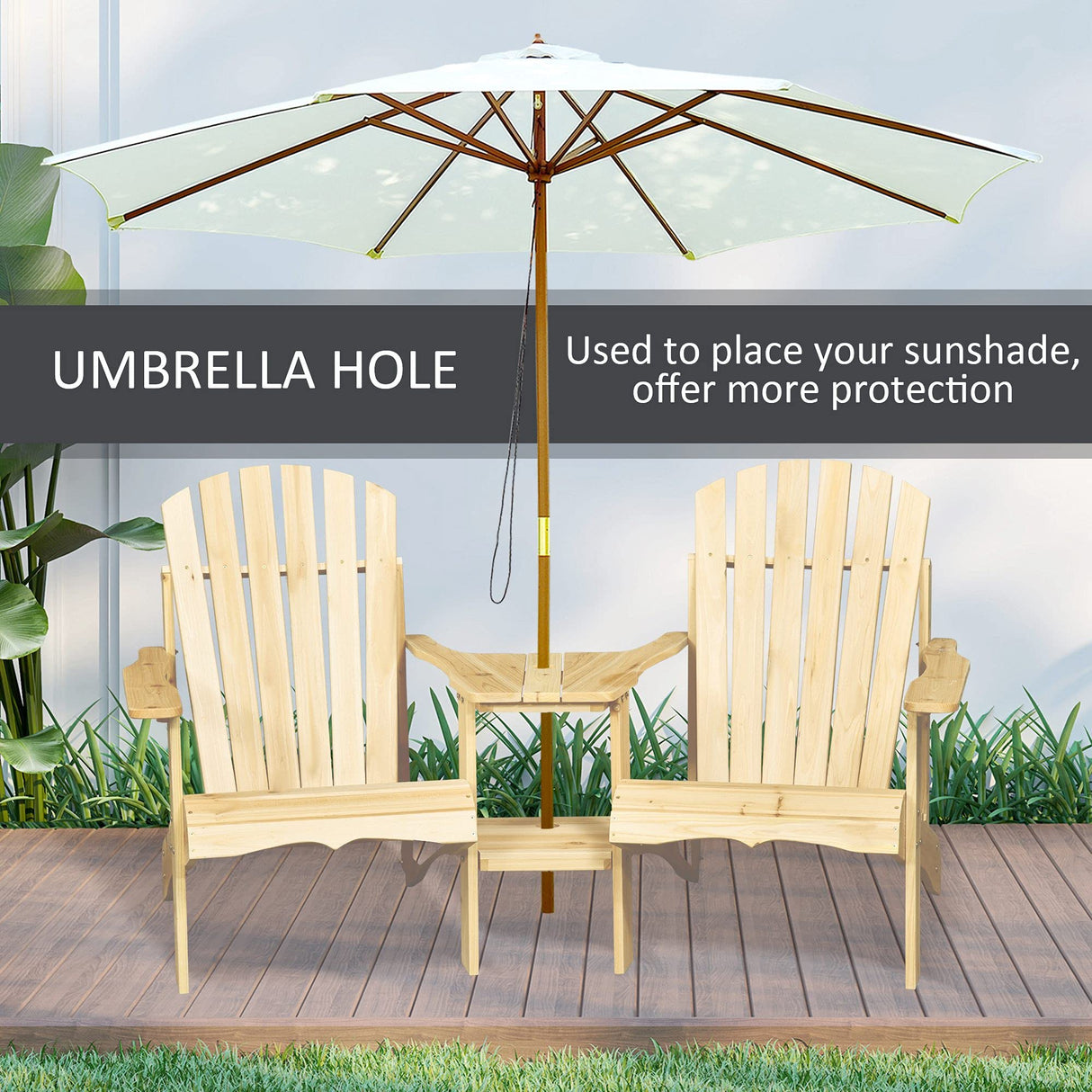 Outsunny Wooden Adirondack Chairs for Two People, Outdoor Fire Pit Chair with Table & Umbrella Hole, Patio Chair for Deck Lawn Pool Backyard, Natural Outsunny