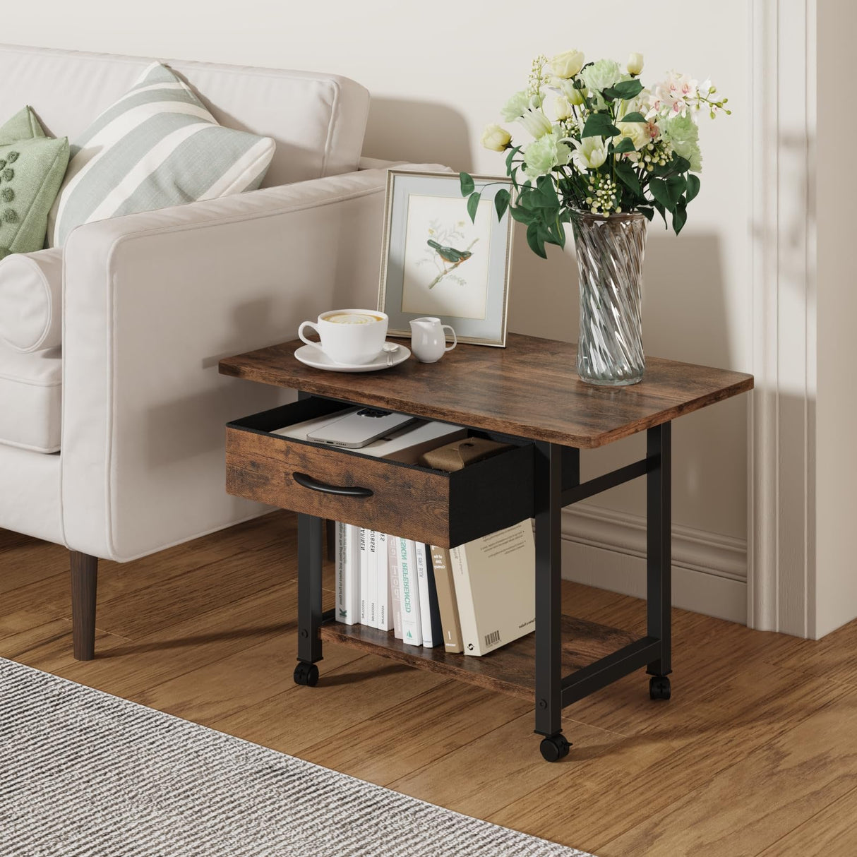 YAOHUOO 22"x15" Large Printer Stand with Storage Drawer, 2-Tier Under Desk Printer Table for Home Office, Printer Cart fit Fax Machine/3D Printer/Scanner(Brown) YAOHUOO