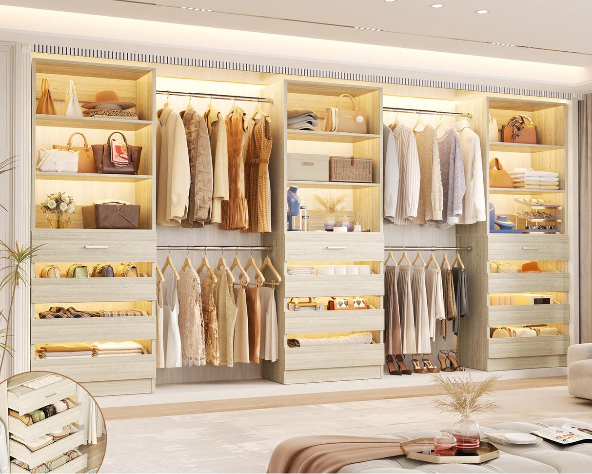 Aheaplus Closet System with 12 Drawers, 8.5-11.5Ft Wood Closet Organizer System with 4 Hang Rods & 3 Towers, 4Ft & 6Ft L-Shaped Walk-in Closets Wardrobe Organizer Clothes Rack, Set of 3, White Oak1 Aheaplus