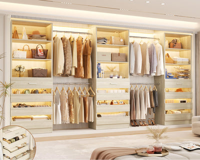 Aheaplus Closet System with 12 Drawers, 8.5-11.5Ft Wood Closet Organizer System with 4 Hang Rods & 3 Towers, 4Ft & 6Ft L-Shaped Walk-in Closets Wardrobe Organizer Clothes Rack, Set of 3, White Oak1