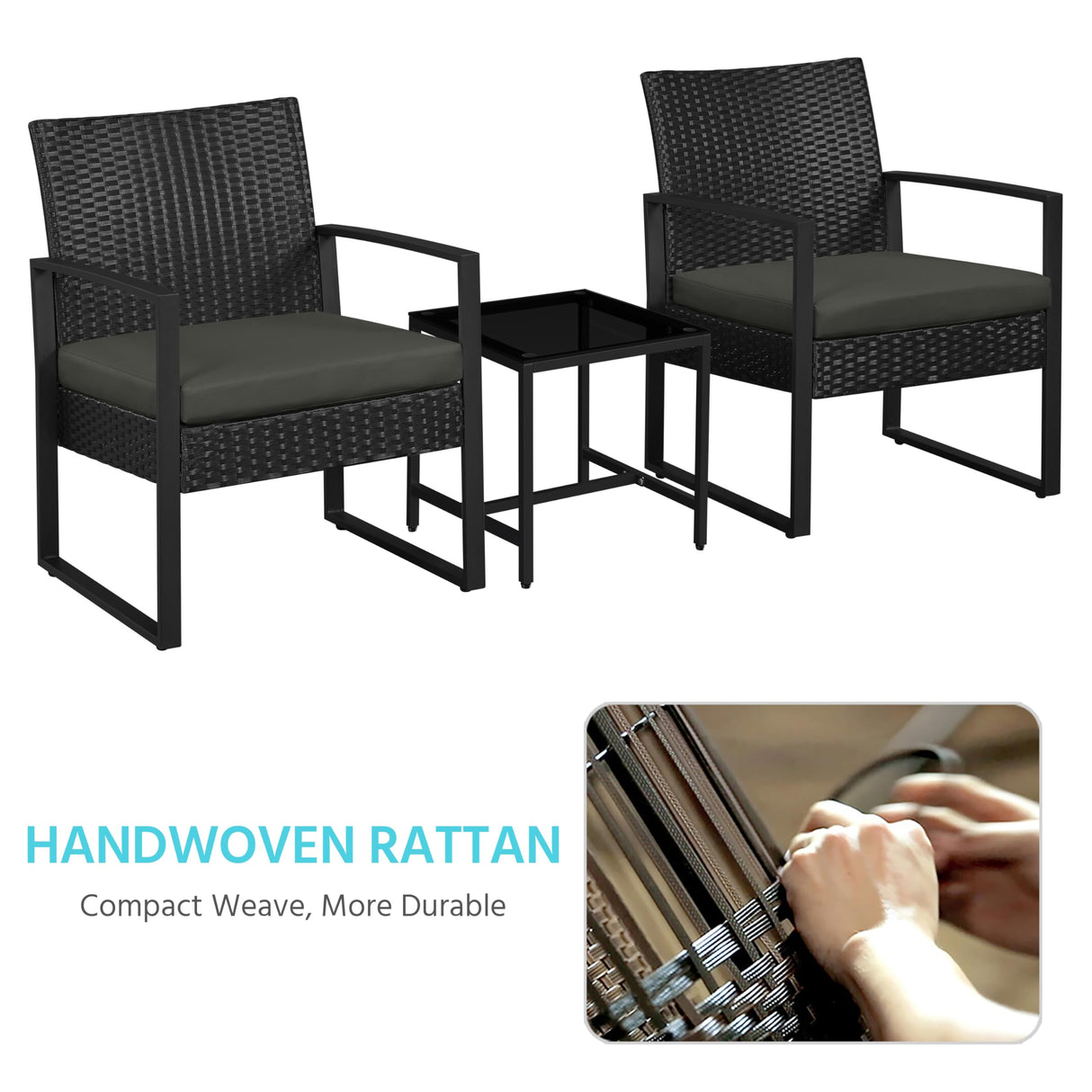 Yaheetech 3 Pieces Rattan Bistro Set, Indoor/Outdoor Wicker Patio Modern Conversation Furniture, 2 Chairs & Tempered Glass Coffee Table for Garden, Balcony, Backyard, Poolside, Black/Gray Yaheetech