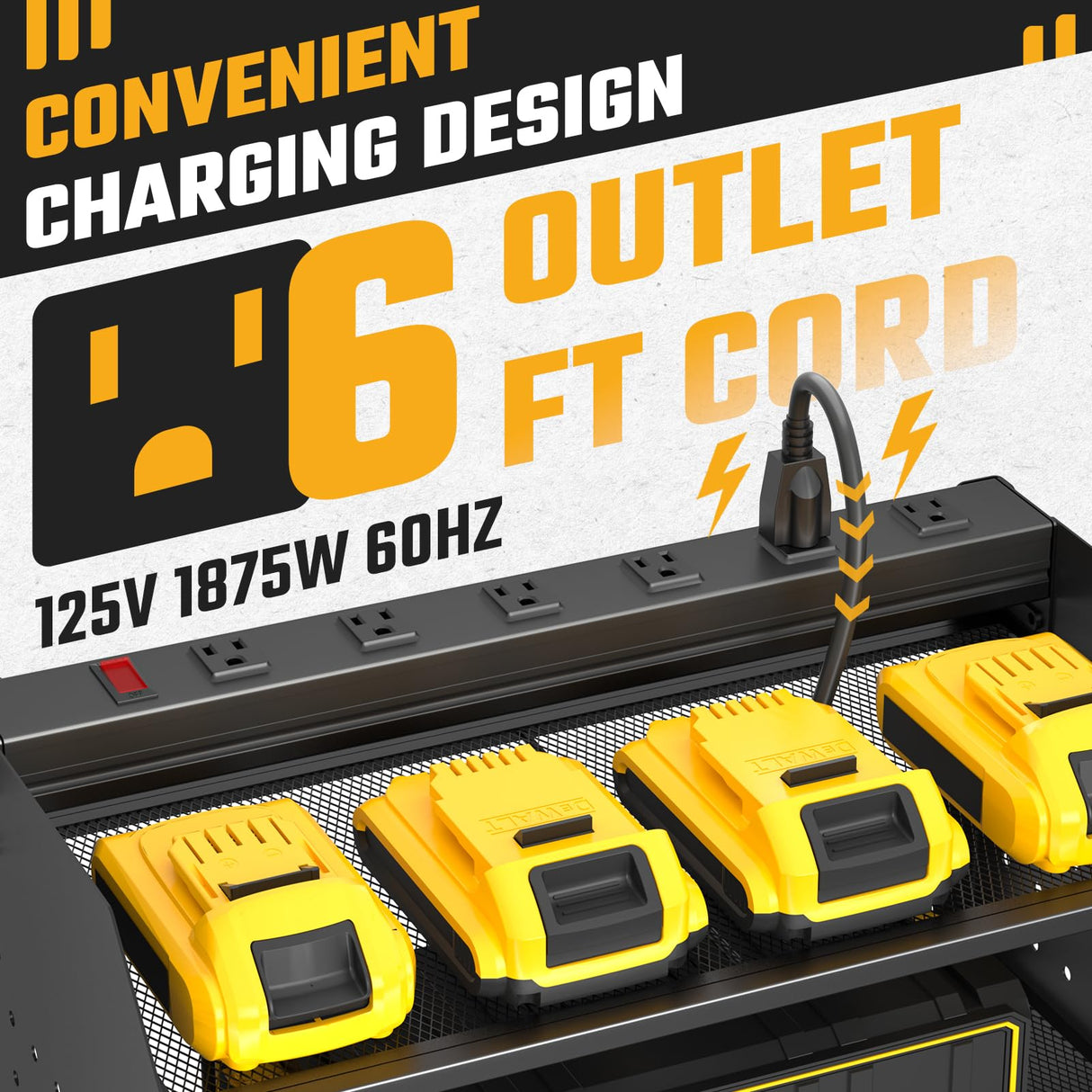 ZESEN Power Tool Organizer with Charging Station, Heavy Duty 3 Layer Drill Holder Wall Mount Garage Shelf Rack with 6 Outlet Power Strip, Tool Shelf with Hooks, Drill Bit Rack for Garage, Black ZESEN