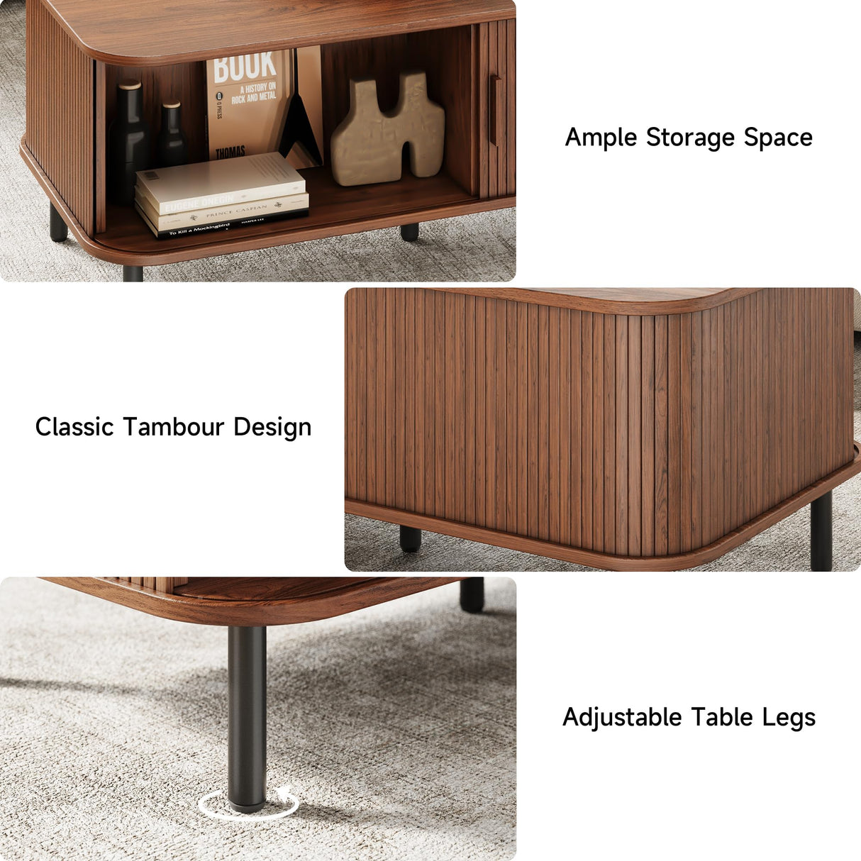 Coffee Table with Storage, 47.2" Mid Century Modern Coffee Tables for Living Room, Rectangle Wood Center Table with Sliding Tambour Door & Adjustable Leg for Living Room, Walnut ONBRILL