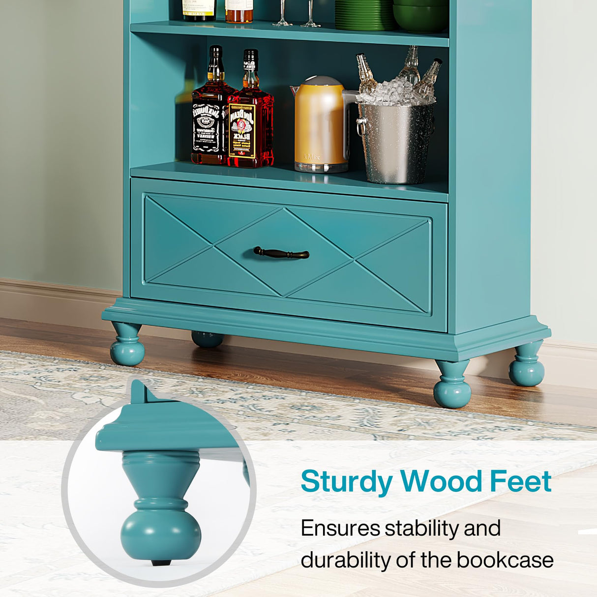 Tribesigns Ocean Blue 6-Shelf Bookcase Set of 2 with Drawer and Solid Wood Legs Tribesigns