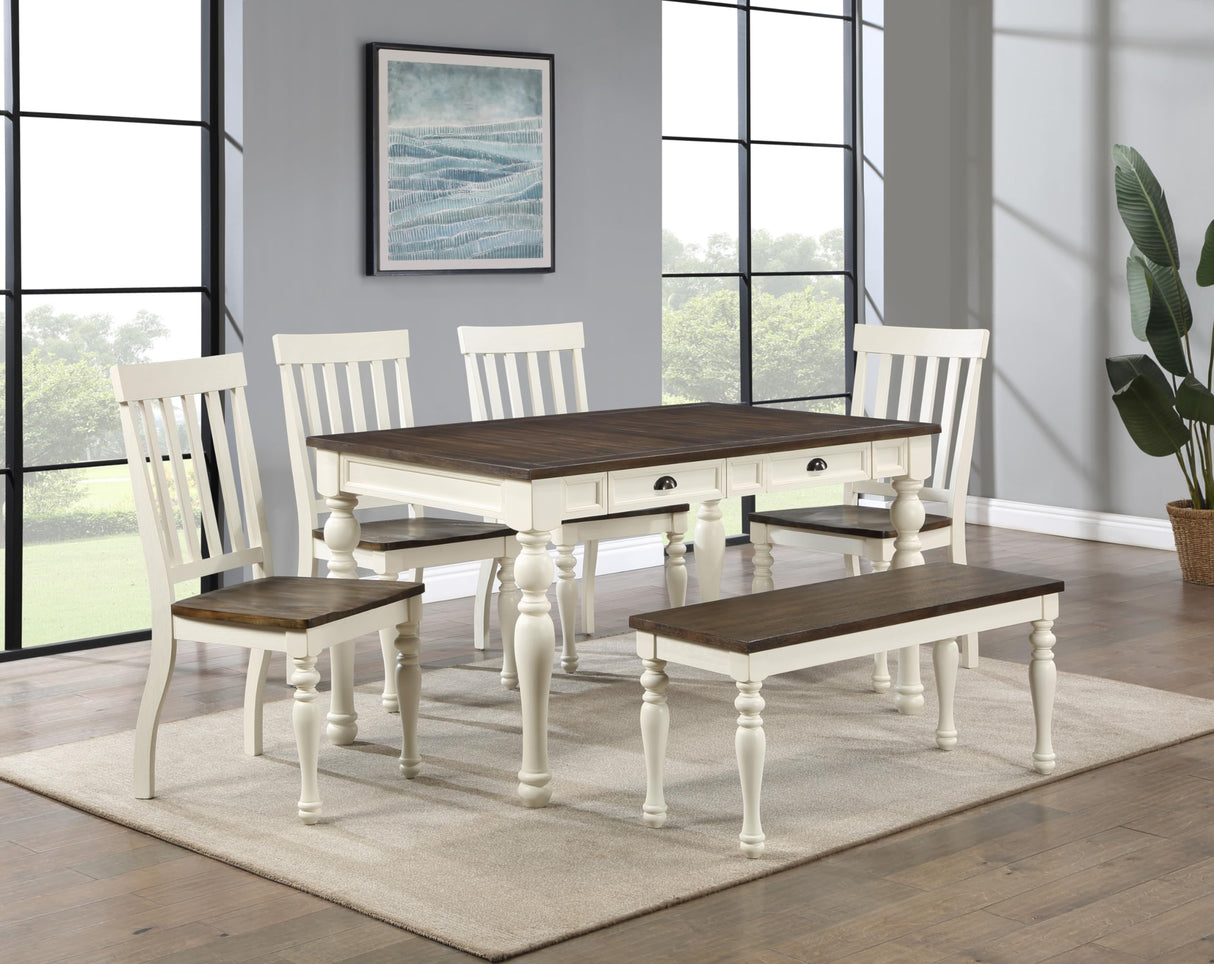 Steve Silver Furniture Joanna 6pc Dining Table Set, 60-Inc 4 Drawer Dining Table, 4 Side Chairs and 44" Bench, Farmhouse Design, Lift Top Bench for Storage, 59.45" L x 35.82" W x 31" H, White Steve Silver