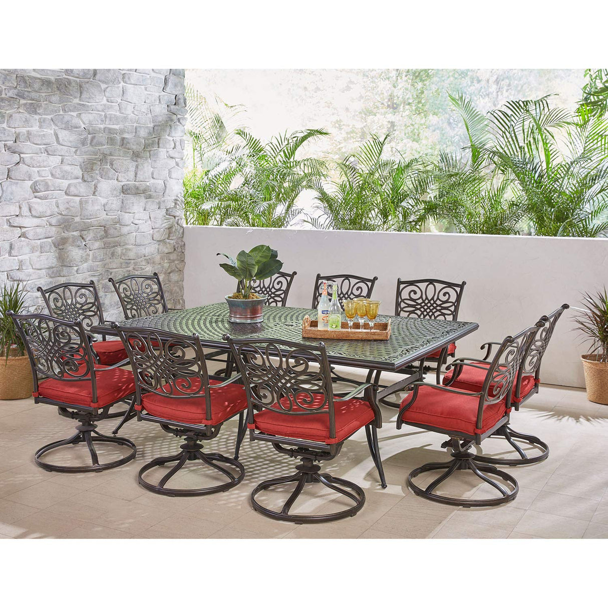 Hanover Traditions 11-Piece Modern Outdoor Dining Set with Rust Resistant Cast Aluminum Rectangular Large Dining Table and 10 Swivel Rocker Chairs with Plush Weather Resistant Red Cushions Hanover