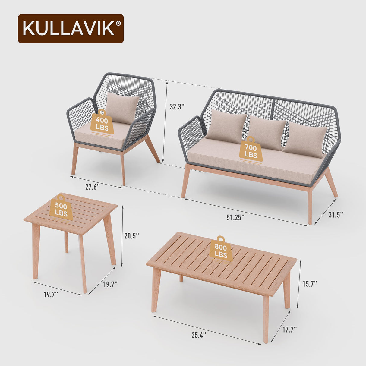 Kullavik Outdoor Patio Furniture Set,5 Pieces Indoor Rope Woven Sectional Sofa Set Modern Oak Patio Conversation Sets with Wooden Table for Balcony,Porch or Backyard,Sand Kullavik