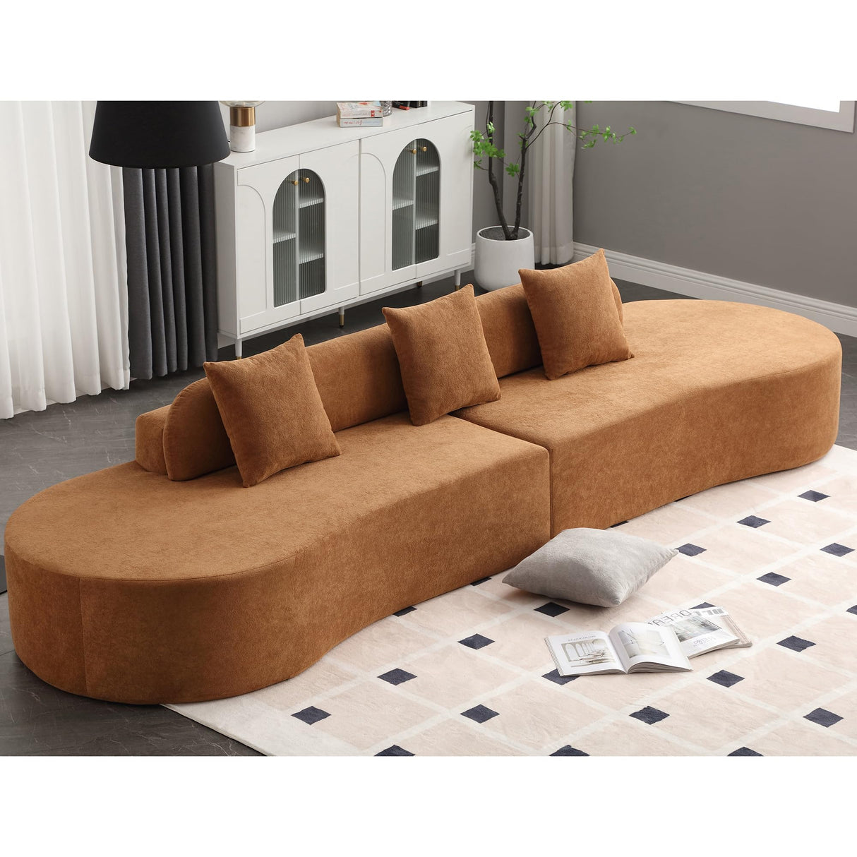 Taiweny 130.5” Large Curved Couch, Modern Funky Comfy Cloud Sectional Sofa with 3 Pillows for Living Room Apartment Office, No Assembly Required, Terrycloth Fabric, Brown Taiweny