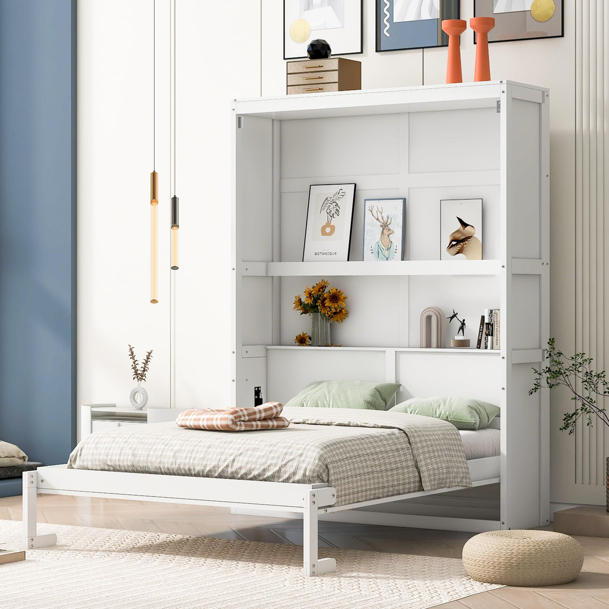Merax Full Size Murphy Bed, Wood Full Murphy Cabinet Bed with Shelves, for Home Office or Small Room, White Merax