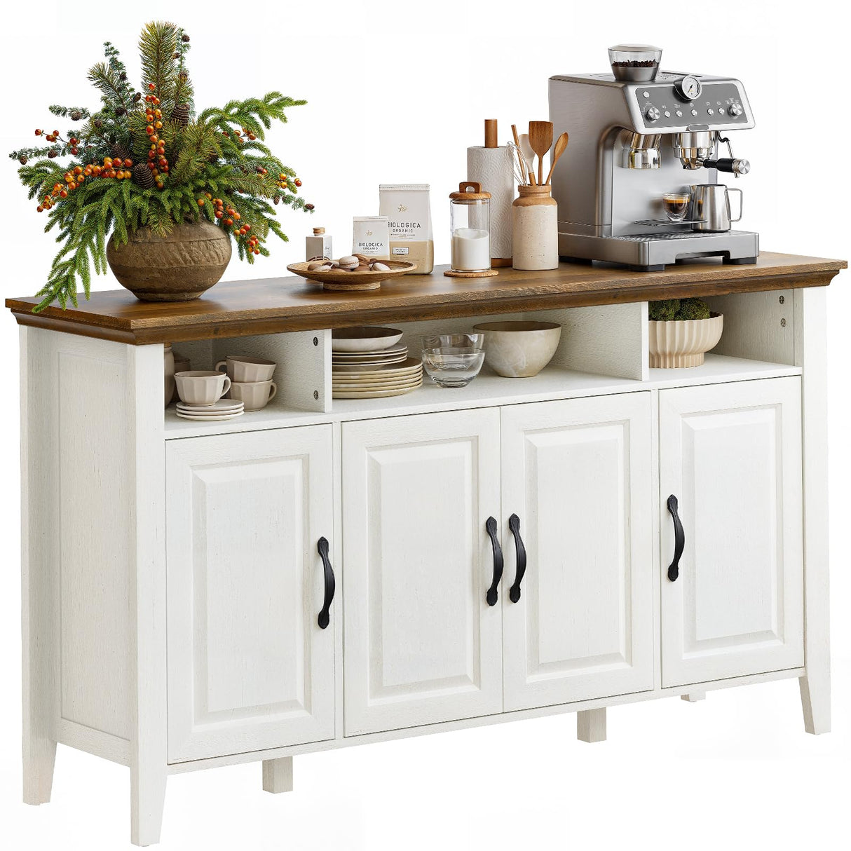 Amada Buffet Cabinet with Storage, 55" Large Sideboard Storage Cabinet with Adjustable Shelves, 4 Doors, Modern Farmhouse Coffee Bar Cabinet, Kitchen Table for Dinning Living Room, Oak and White AMADA HOMEFURNISHING