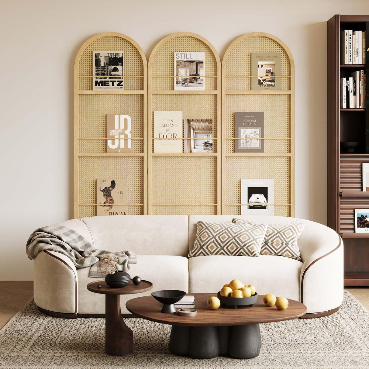 Rattan Room Divider with Built-in Bookshelf | Foldable Privacy Screen & Portable Partition for Home Office, Bedroom, Reading Nook | Wooden Frame, Freestanding Design (Natural-Rattan) Svimi