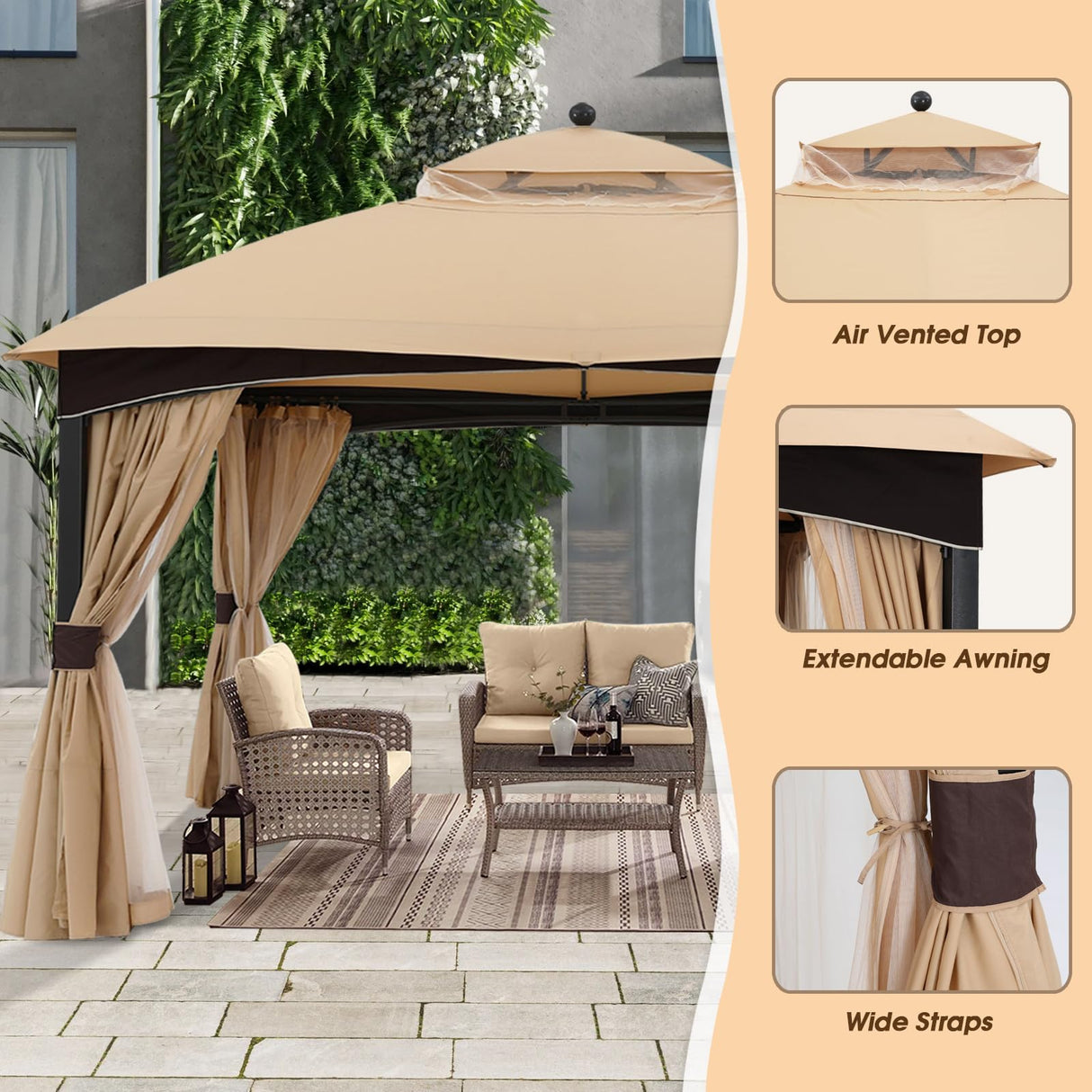 ABCCANOPY Outdoor Gazebo 11x13 with Netting - Double Roof Patio Gazebos for Backyard Garden Deck Lawn, Beige ABCCANOPY