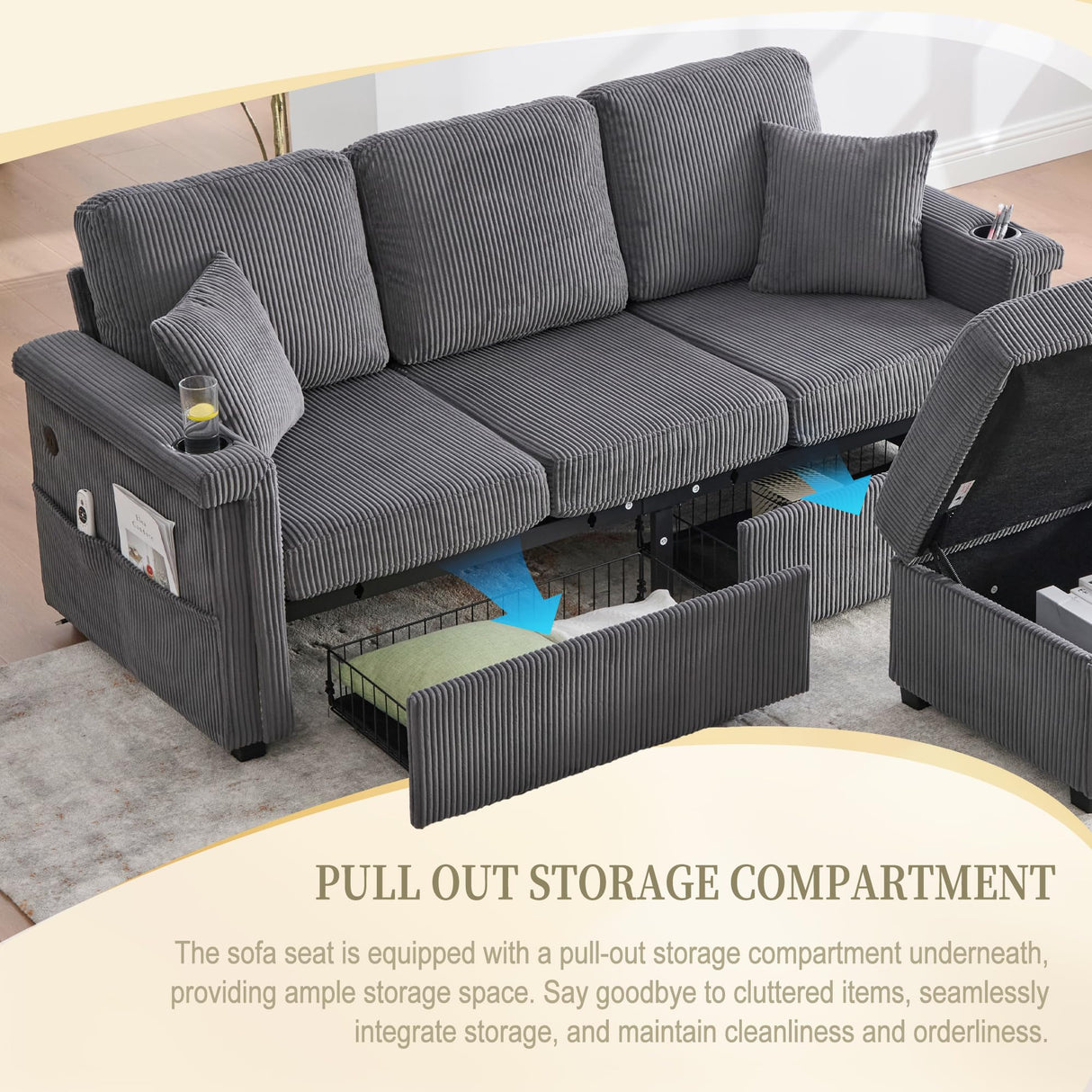 GDFStudio Modern L-Shaped Sectional Sofa with Pull-Out Storage, Ottoman, USB Charging & LED Lights, Cup Holders, Convertible 3-Seater Corduroy Upholstered Couch for Living Room, Apartment, Dark Gray GDFStudio