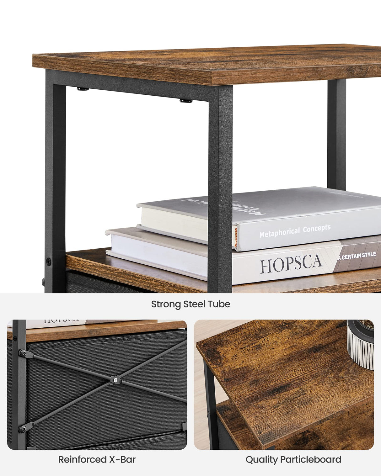 VASAGLE Nightstand, 24-Inch Tall Side Table with 2 Fabric Drawers and Storage Shelf, for Bedroom, Rustic Brown and Black ULGS025B01 VASAGLE