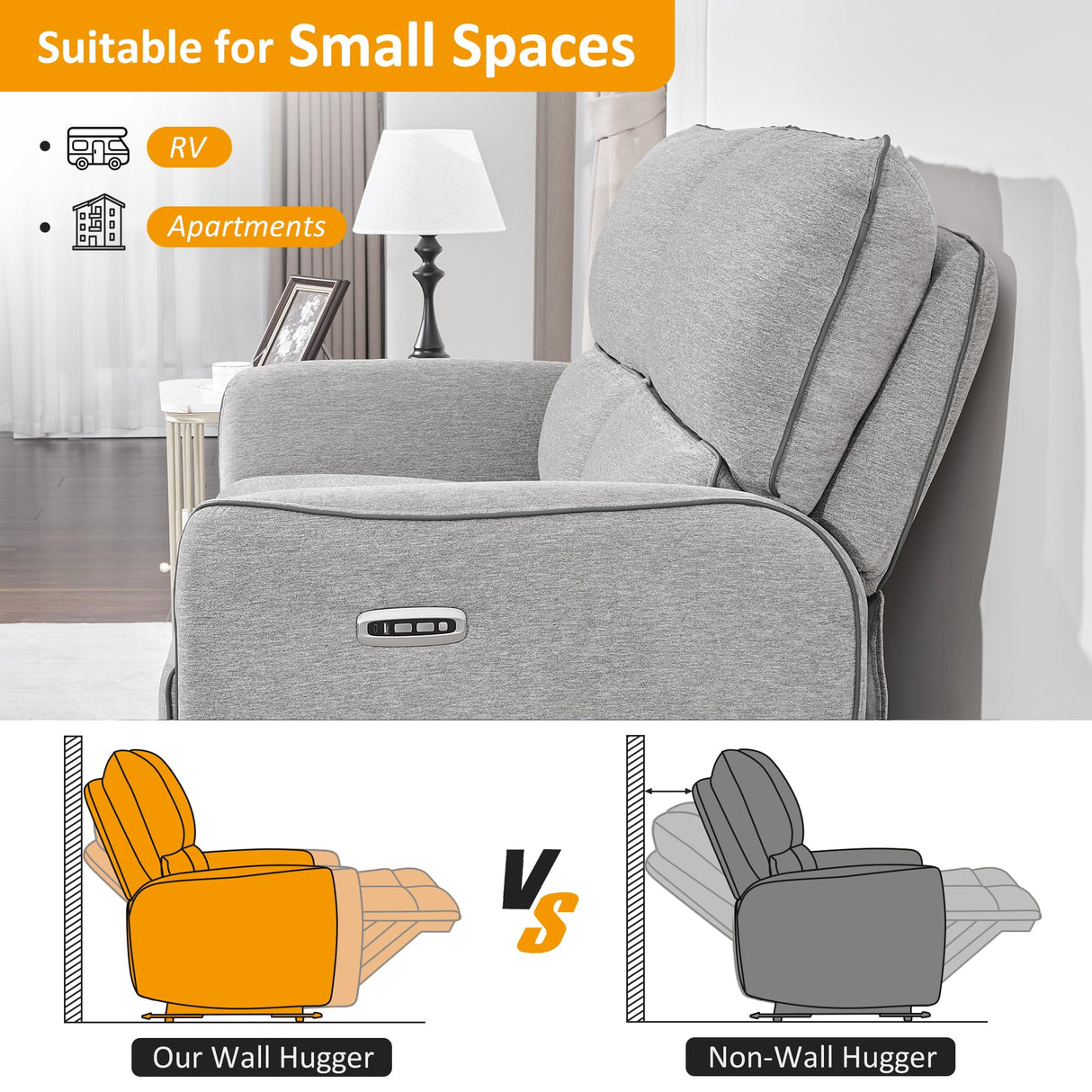 MCombo 60" Wall Hugger Power Loveseat Recliner Sofa with Adjustable Headrest, RV Reclining Loveseat with USB and Type C Charge Ports for Living Room 6924 (Light Grey) MCombo