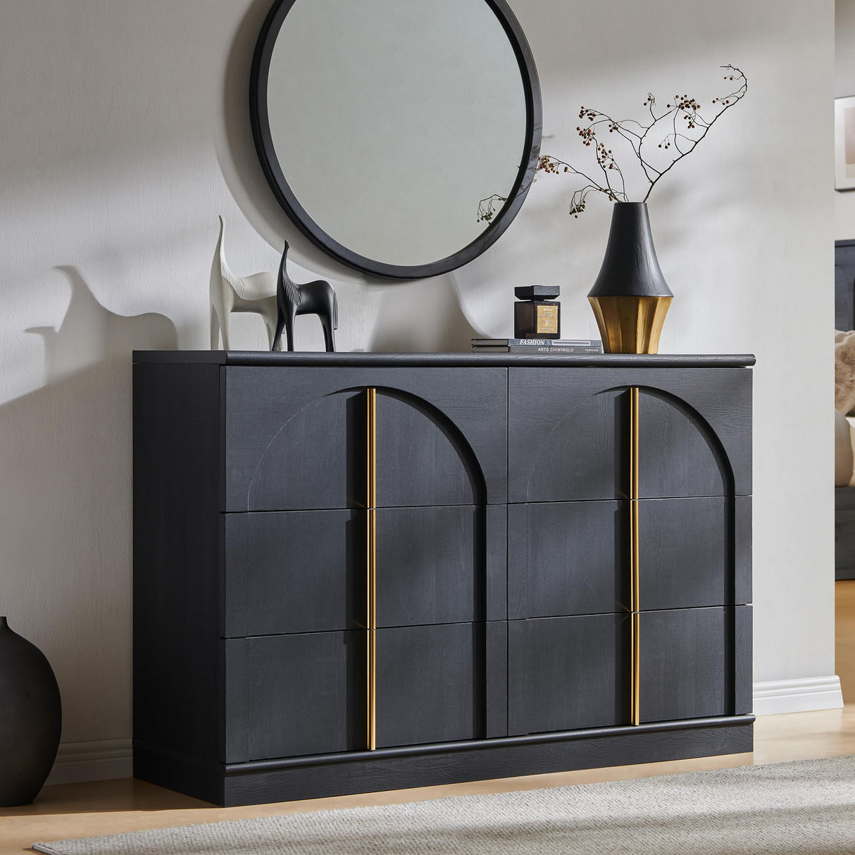 ACCOHOHO Arched Dresser for Bedroom with 6 Drawers, 47.3" Wide Modern Chest of Drawers with Rounded Edge & Metal Handles, Wood Storage Closet Dressers TV Stand for Living Room, Hallway, Black ACCOHOHO