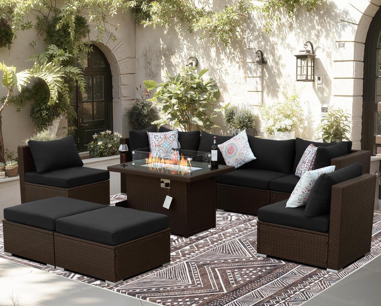 BULEXYARD 9 Piece Highback Patio Furniture Set with Fire Pit Table, Modern Modular Outdoor Sectional Couch Sofa with Ottoman, 8-Person Backyard Seating for Outside, Deck, Brown Wicker & Black Cushion BULEXYARD