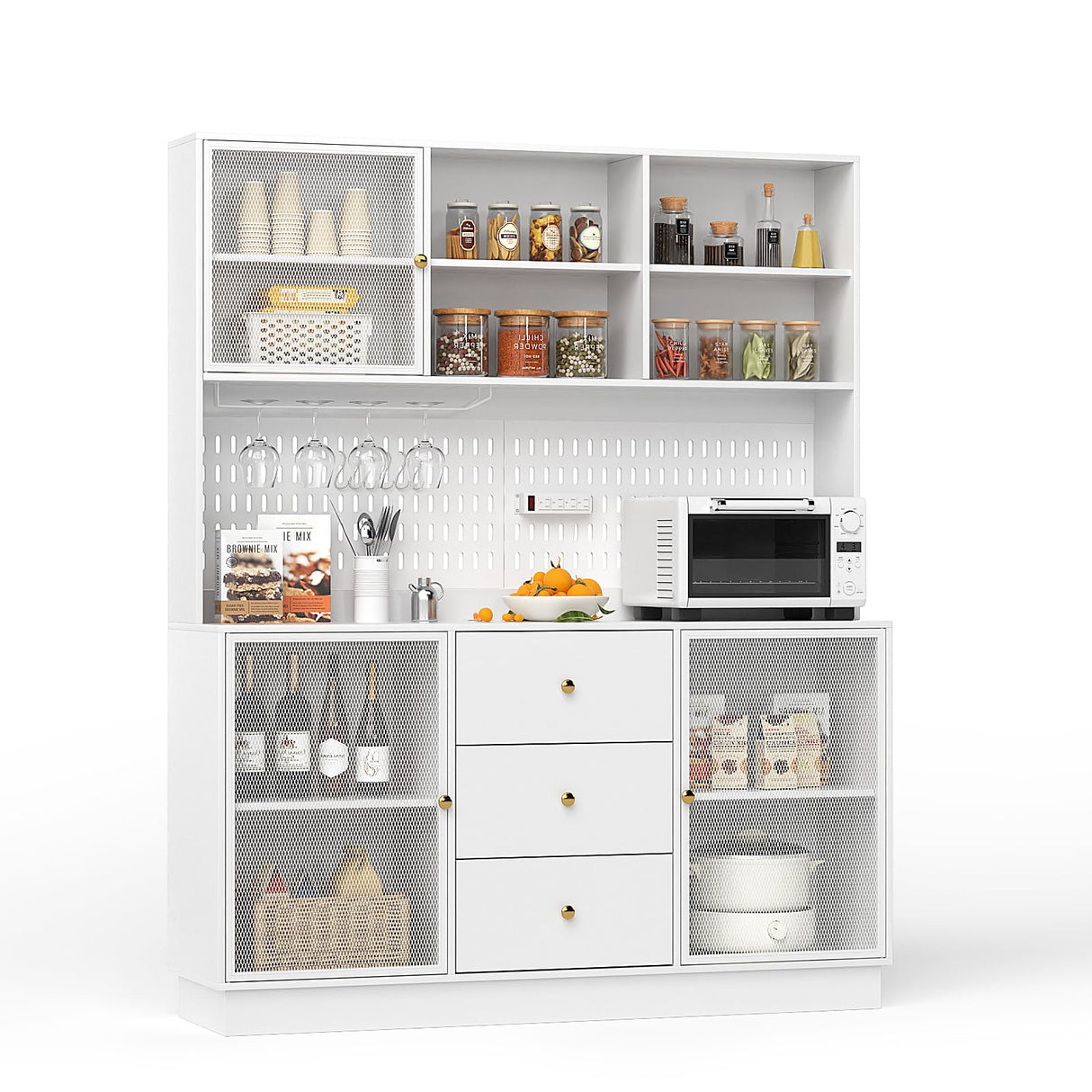 VOWNER Large Kitchen Hutch Cabinet with 3 Metal Doors & Pegboard, Pantry Storage Cabinet with Cup Holder & Power Outlet, Freestanding Cupboard for Kitchen, Dining Room (White) VOWNER