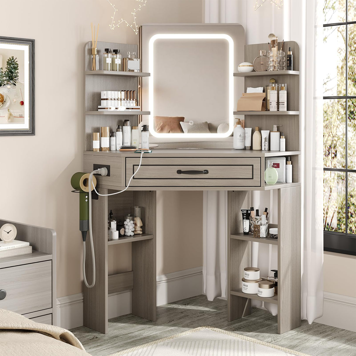 Makeup Vanity Desk, Corner Vanity with Large LED Mirror,Lots Open Shelves,Gray Vanity with Charging Station,Farmhouse Makeup Vanity Table with 3 Lighting Modes, Brightness Adjustable Maupvit