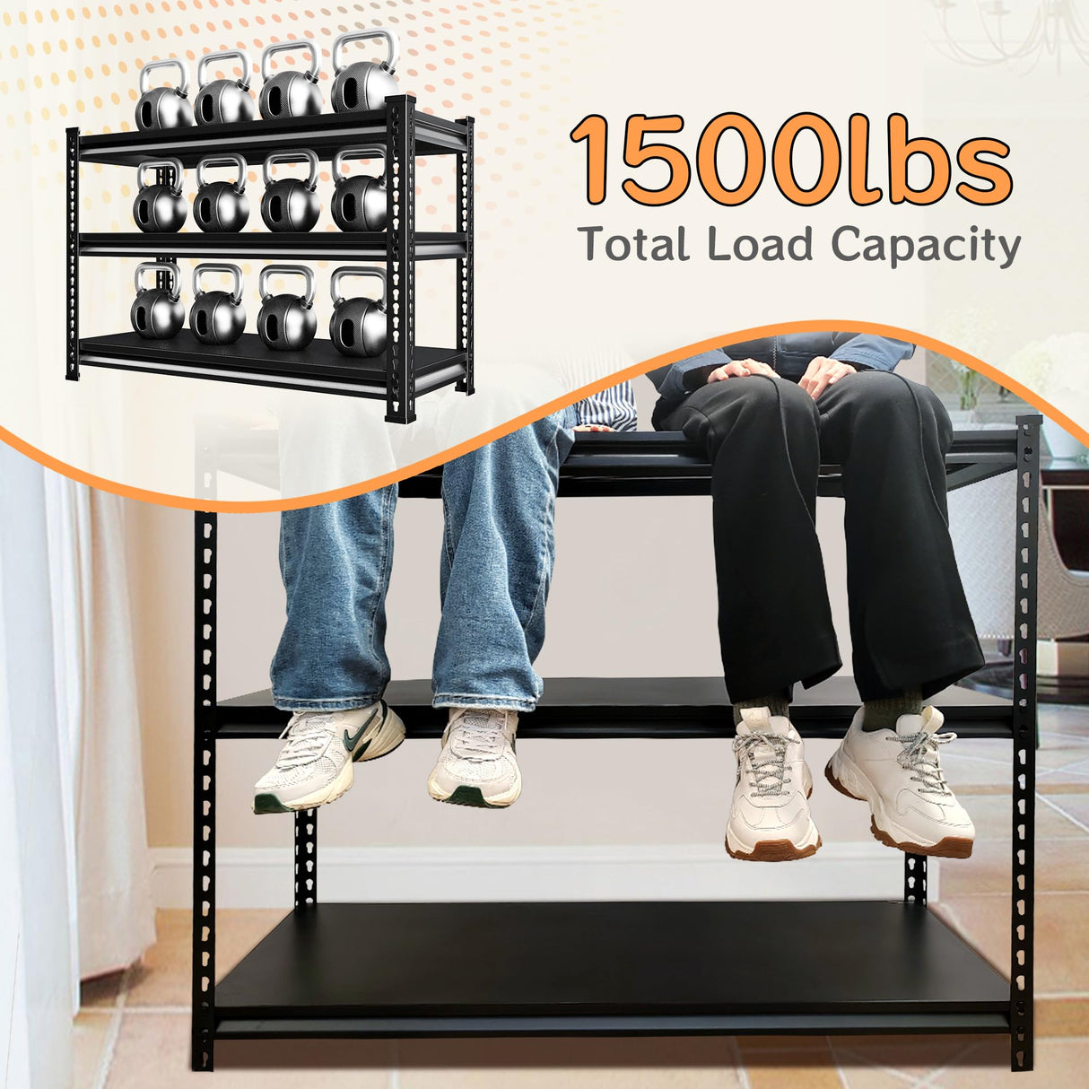 SUPPNEED Adjustable Shelving Units and Storage, 48”W Garage Shelving Heavy Duty,1500LBS Loads 3-Tier Garage Storage Shelves, Metal Shelves for Living Room,Pantry,48”W×16”D×36”W,Black SUPPNEED