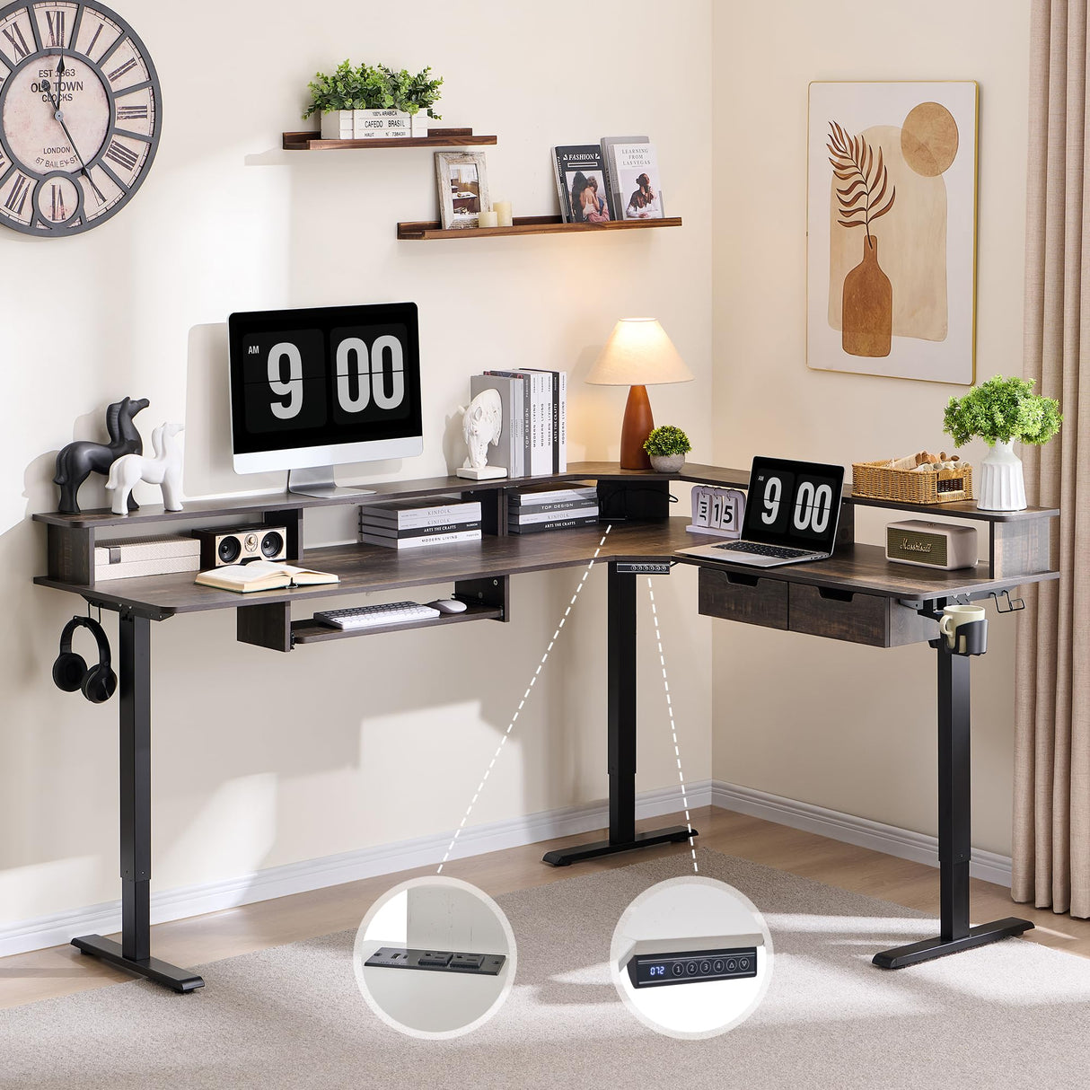 RedLemon 75X60 Inches L Shaped Electric Standing Desk,Height Adjustable Corner Gaming Desk with Drawers, Keyboard Tray, Power Outlets & LED Lights, Computer Desk with Monitor Shelf, Dark Rustic Oak RedLemon