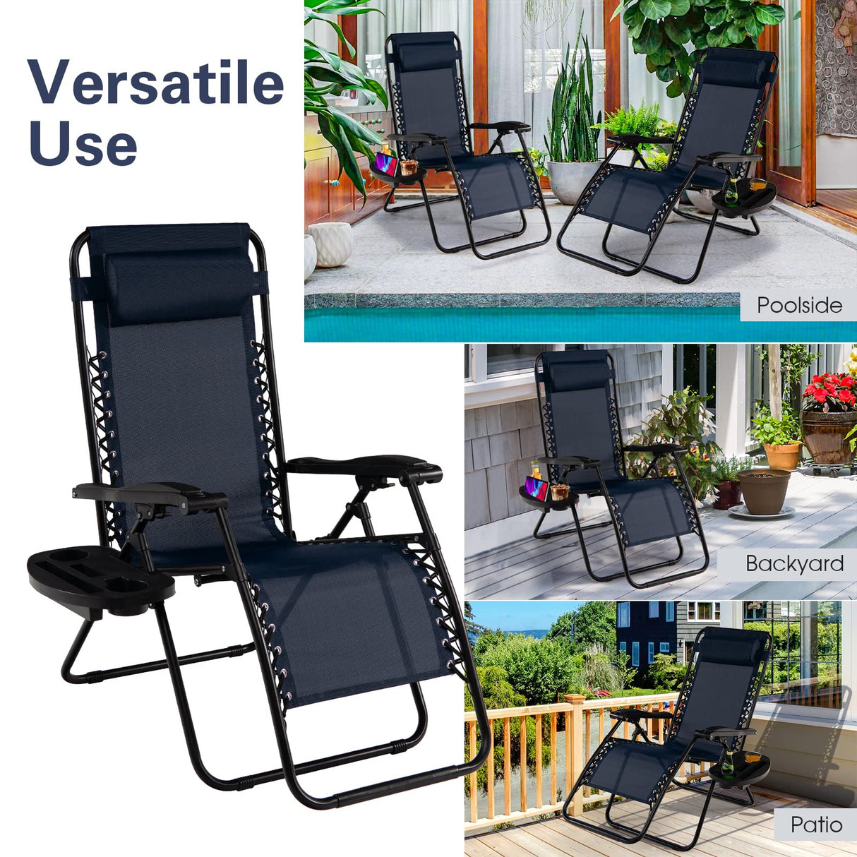 Goplus Zero Gravity Lounge Chairs, 160°Adjustable Folding Recliner w/Pillow and Cup Holder, 350LBS Comfy Outdoor Lounge Chairs for Patio, Lawn, Yard & Camp(Set of 2, Navy) Goplus