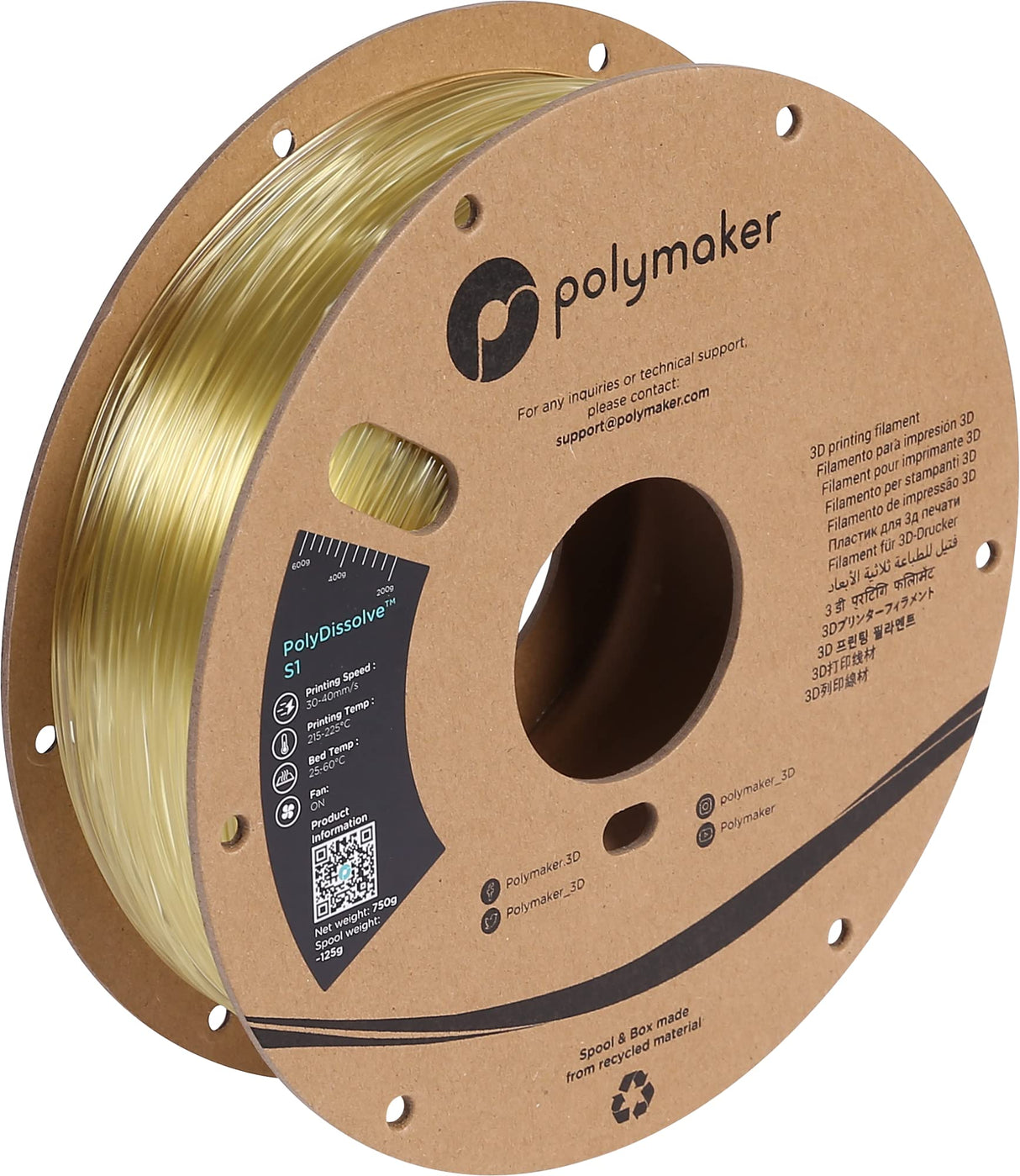 Polymaker PolyDissolve S1 PVA Filament, 1.75mm, 750g, Water Soluble Support for PLA/TPU/PVB/Nylon 3D Printer Filament POLYMAKER