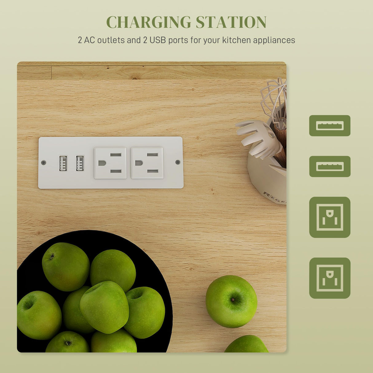 HOMCOM Kitchen Island with Storage, Rolling Kitchen Cart with AC Outlets and USB Ports, Microwave Stand with Towel and Spice Rack, White HOMCOM