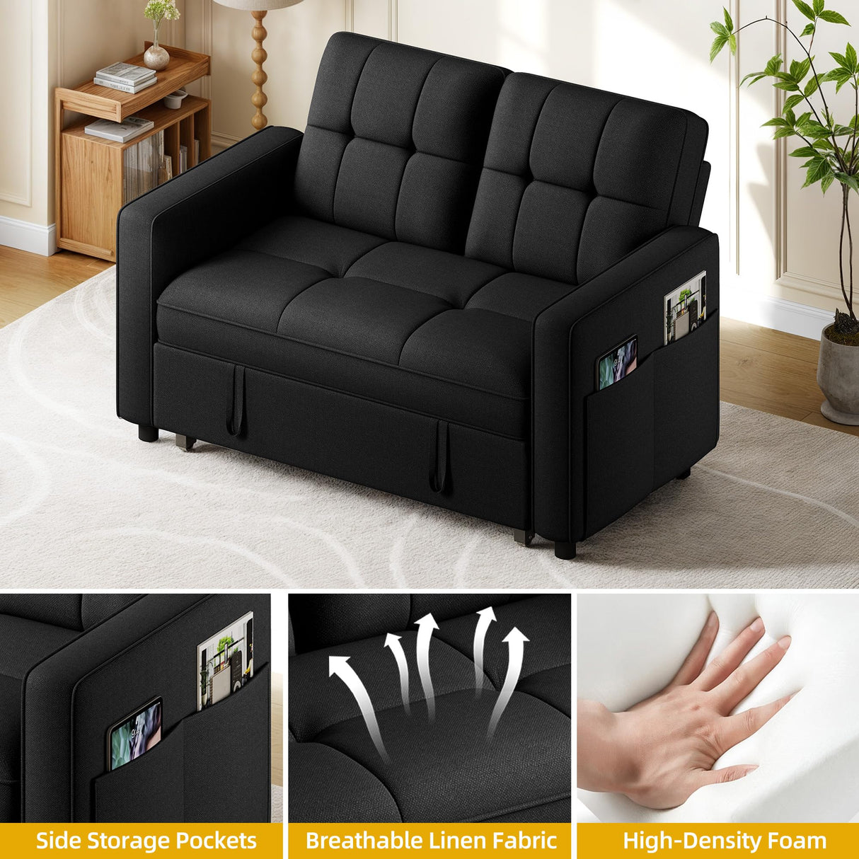 YITAHOME 55" Convertible Sofa Bed, 3-in-1 Sleeper Sofa with Iron Frame Pull-Out Bed, Linen Futon Couch with Reclining Backrest and Side Pocket, Modern Loveseat for Living Room Bedroom Apartment, Black YITAHOME