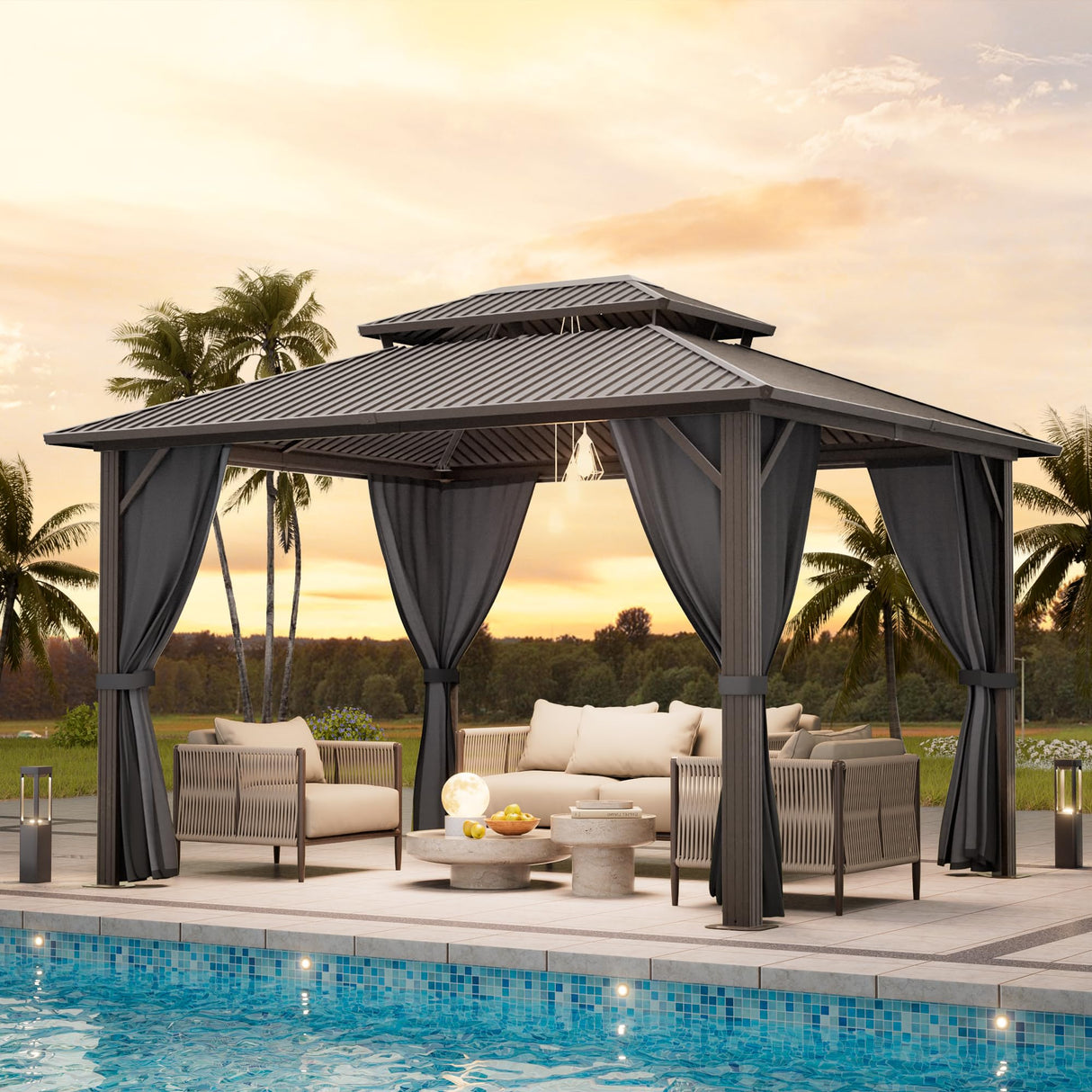 Sumshadow 10' x 12' Hardtop Gazebo, Aluminum Frame Canopy with Galvanized Steel Double Roof, Metal Pavilion with Netting and Curtains, Patio Hard Top Gazebo for Patio, Lawns, Deck, Backyard,Grey Sumshadow