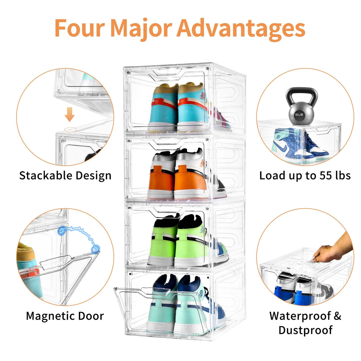 12 Pack Thicken & Sturdy Clear Shoe Storage Organizer with Magnetic Door, Shoe Boxes Clear Plastic Stackable for Closet, Shoe Rack for Sneaker Boot Container, Shoe Cabinet Fit up to US Size 12 Stebopum