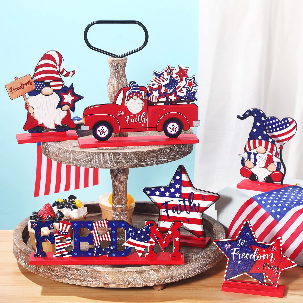 Qunclay 6 Pieces Patriotic Table Decor Memorial Day Table Decorations Wooden Gnome Freedom Truck Star 4th of July Table Signs for Veterans Day Independence Day Table Topper Decor Supplies (With Base) Qunclay