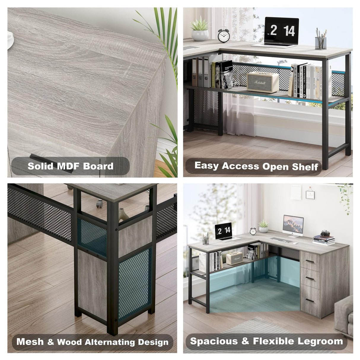 LVB Reversible Gray L Shaped Corner Desk, Farmhouse Wood Computer Desk with File Drawers Cabinets, Large Work Study Executive Home Office Desk with Storage Shelves for Bedroom, Light Grey Oak, 59 Inch LVB