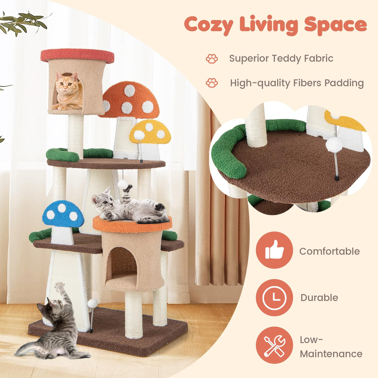 Tangkula Mushroom Cat Tree, Multi-Level Cute Cat Tower with Full-Wrapped Sisal Posts, Scratching Boards & Interactive Balls, 2 Cat Condo, Flower Cat Tree Tower for Indoor Cats Large Adult (57.5 Inch) Tangkula