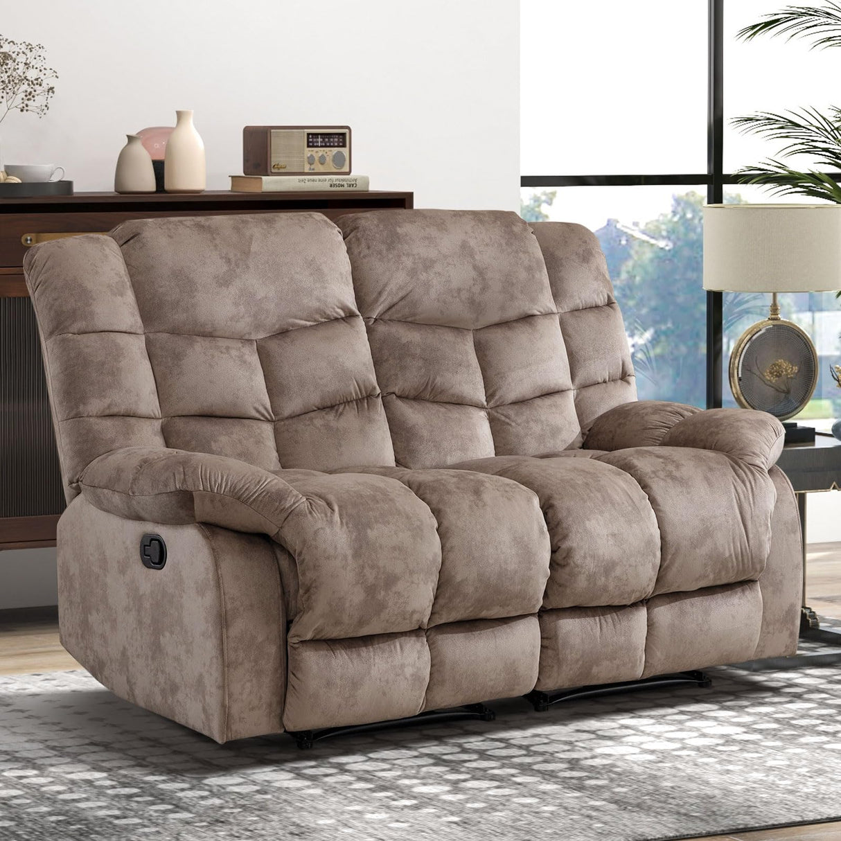CANMOV Manual Loveseat Recliner, 2 Seat Recliner Sofa Chair with Armrest and Overstuffed Backrest, Couch Set for Living Room, Bedroom, Office, Light Brown CANMOV