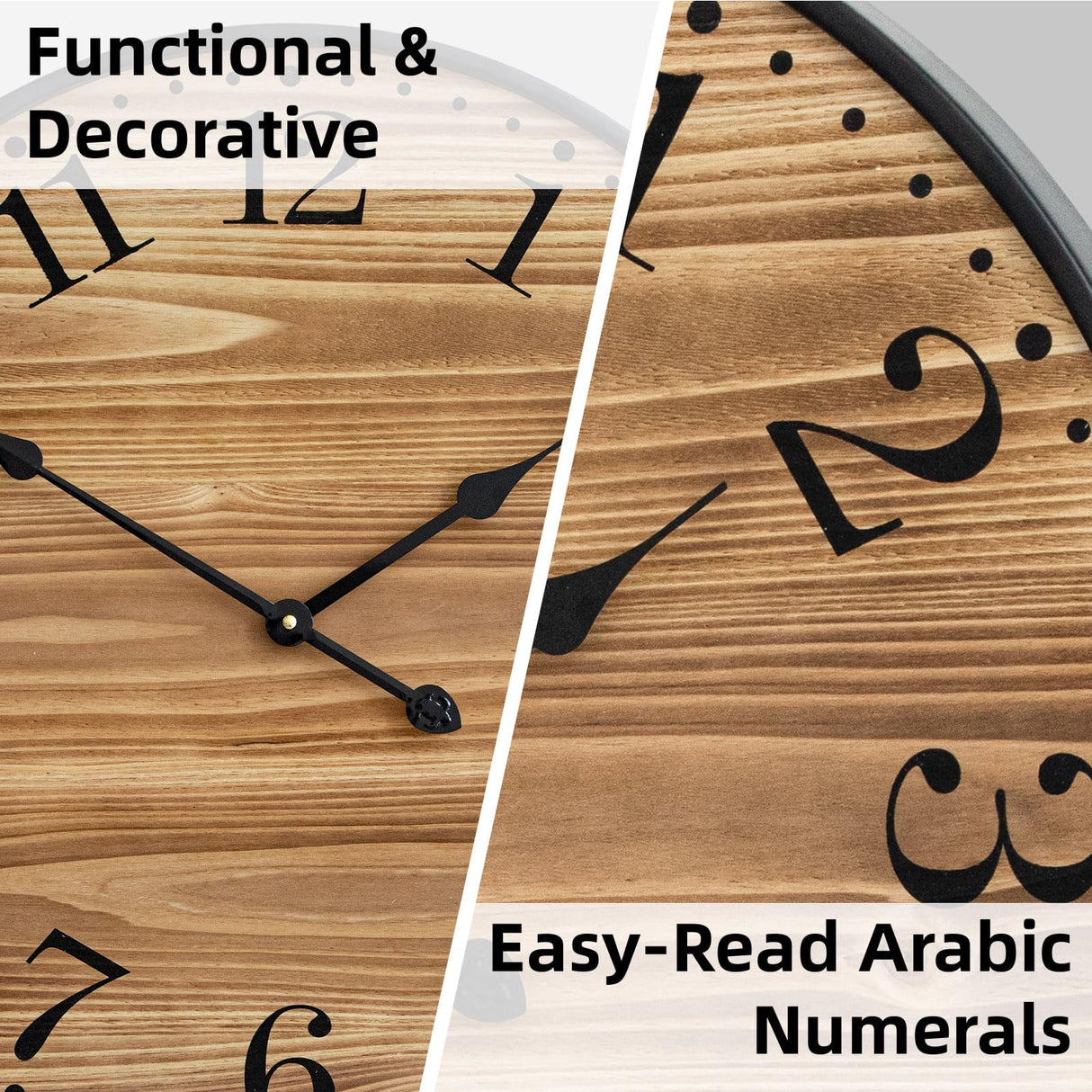 UPPER DECOR Rustic Farmhouse Wall Clocks for Living Room Decor, Large 24 inch Wall Clock with Dark Brown Wooden Face and Black Metal Frame, Silent Battery Operated for Kitchen Bedroom Entryway UPPER DECOR