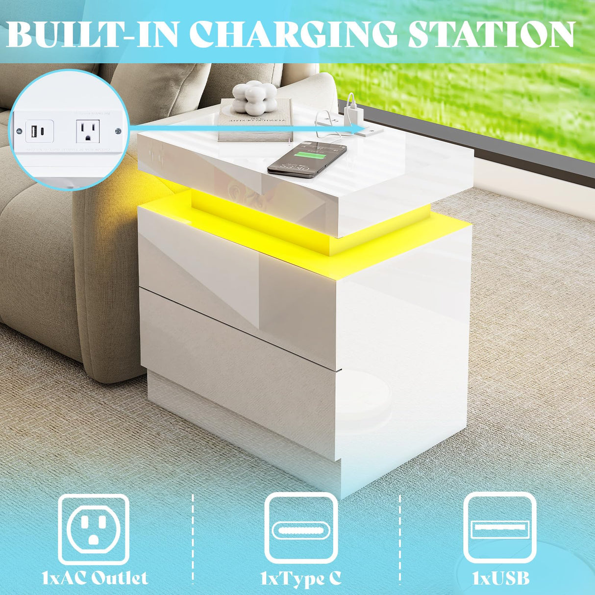 AMERLIFE High Gloss 3 Pieces Living Room Table Set, Modern LED Coffee Table Sets of 3, 2-Tier Center Table with 2 End Side Tables, LED Lights Bedside Table Nightstands with Charging Station, White AMERLIFE