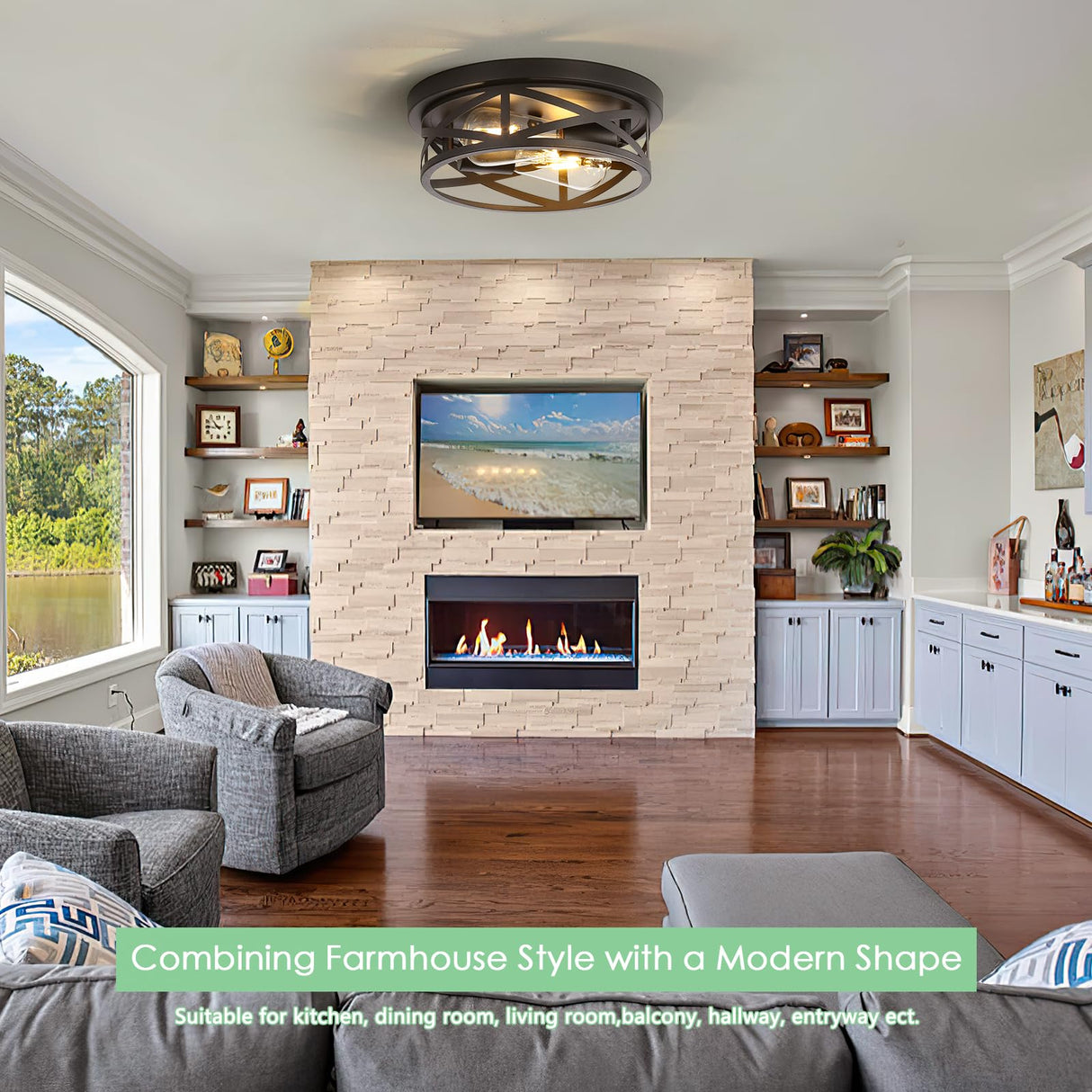 Youroke Farmhouse Flush Mount Ceiling Light Fixtures, Industrial Close to Ceiling Light 2-Lights, 11 Inch Metal Black Cage Rustic Style Ceiling Light Fixtures for Hallway Kitchen Bedroom Entryway Youroke