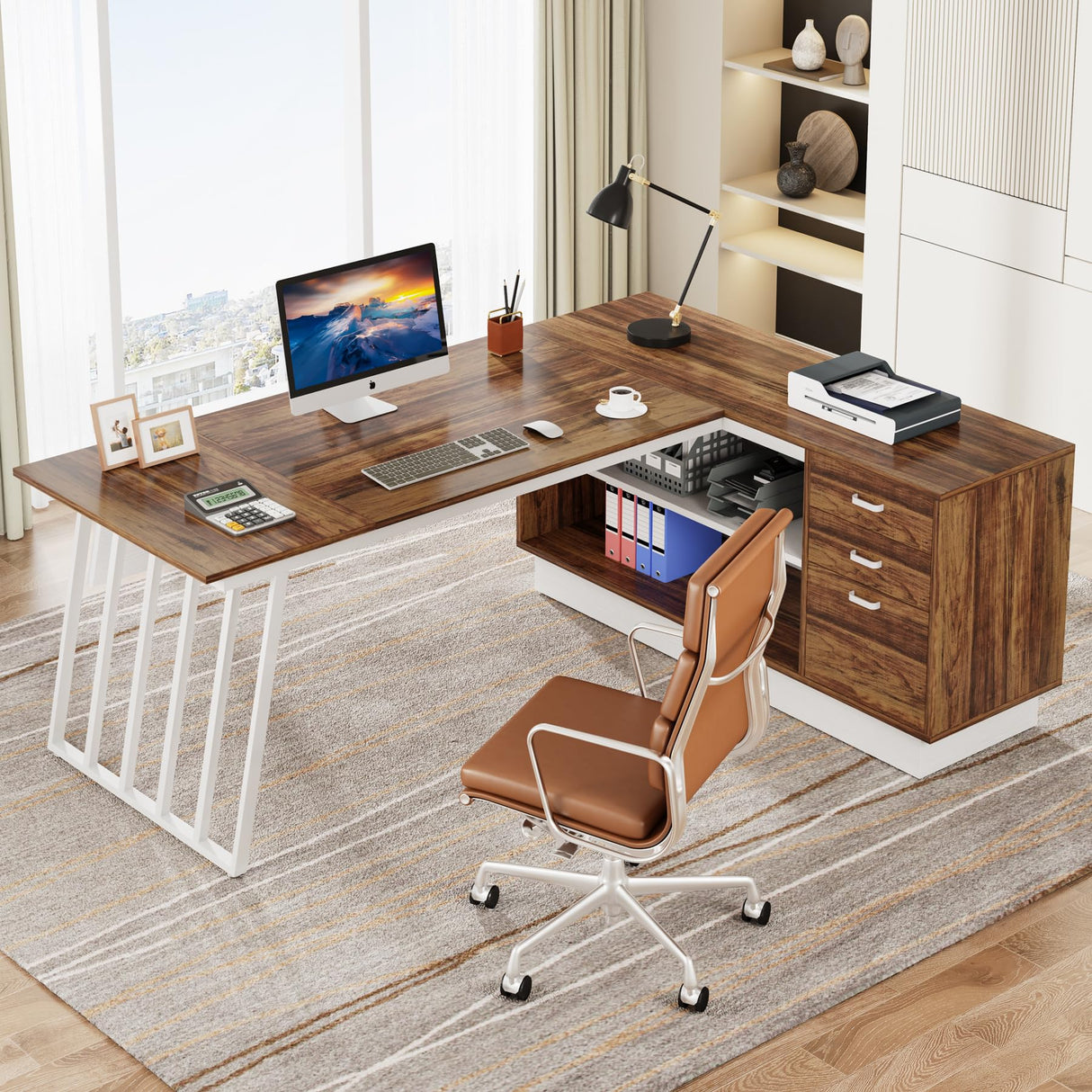 Tribesigns 71-Inch Executive Desk, L-Shaped Desk with Cabinet, Large Office Desk with Drawers and Storage Shelves, Writing Table Computer Desk for Home Office, Brown and White Tribesigns