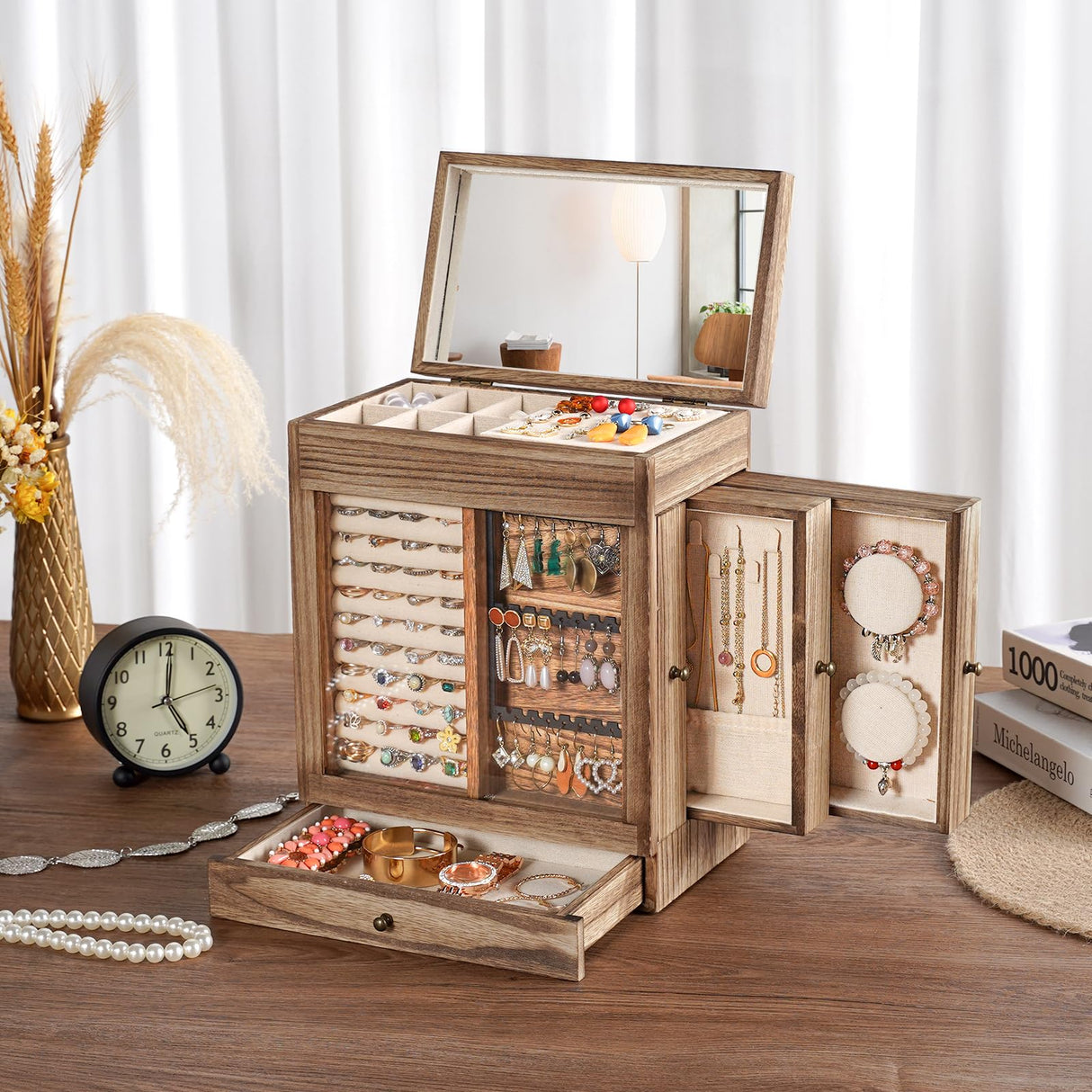 Honiway Jewelry Box for Women, 5 Layer Rustic Wooden Jewelry Organizer with Glass Window, 4 Drawers, Mirror, Large Jewelry Storage Display for Earrings Rings Necklaces Bracelets (Rustic Brown) Honiway