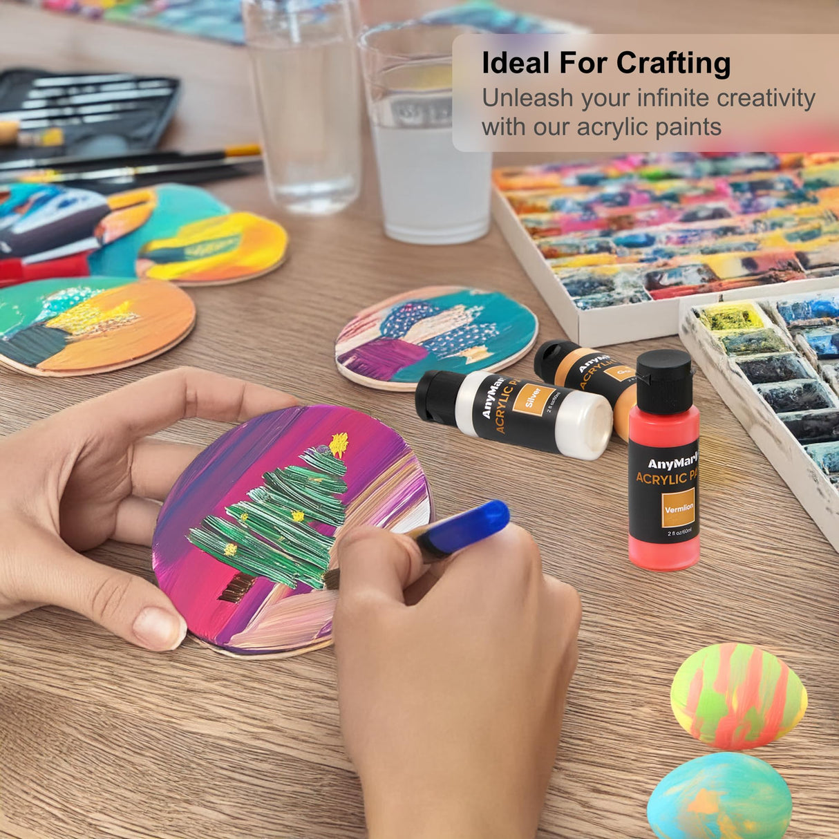 AnyMark Acrylic Paint, 24 Colors Acrylic Paint Set, 2 fl oz/60ml Bottles, Non Toxic Art kit Painting Supplies for Kids Adults Canvas,Rock,Wood AnyMark