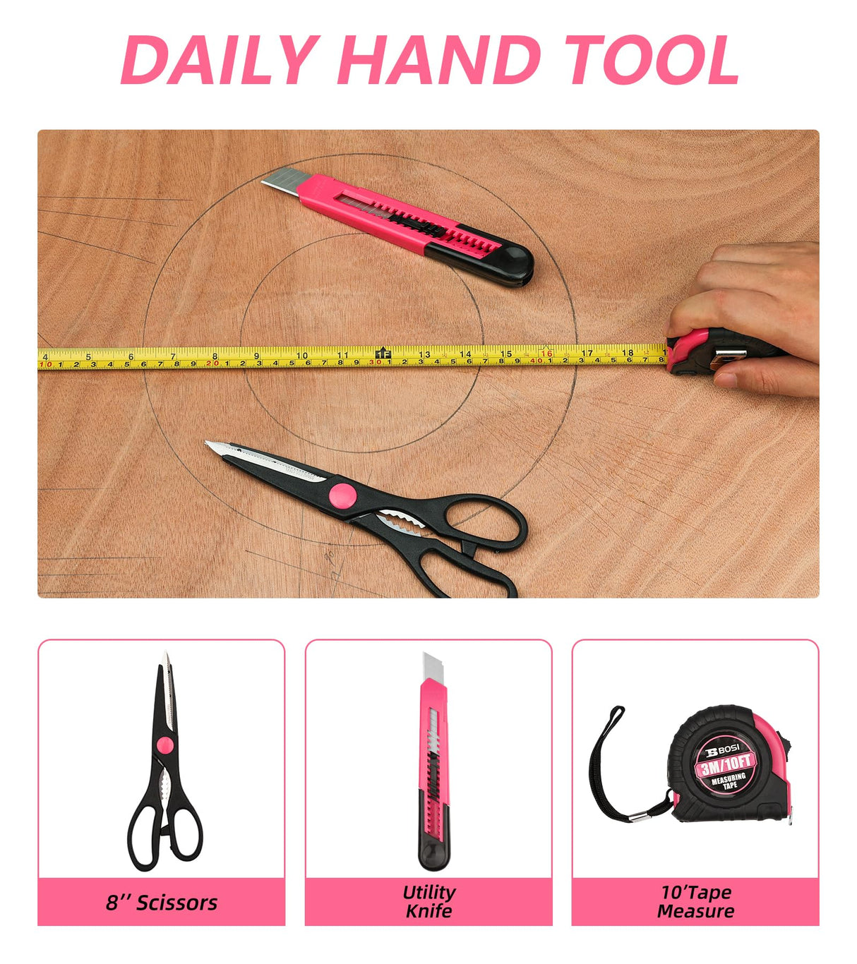 B BOSI TOOLS 40-Piece Pink Tool Set- General Household 40 PCS Hand Tool Kit with Plastic Toolbox Storage Case (Pink) B BOSI TOOLS