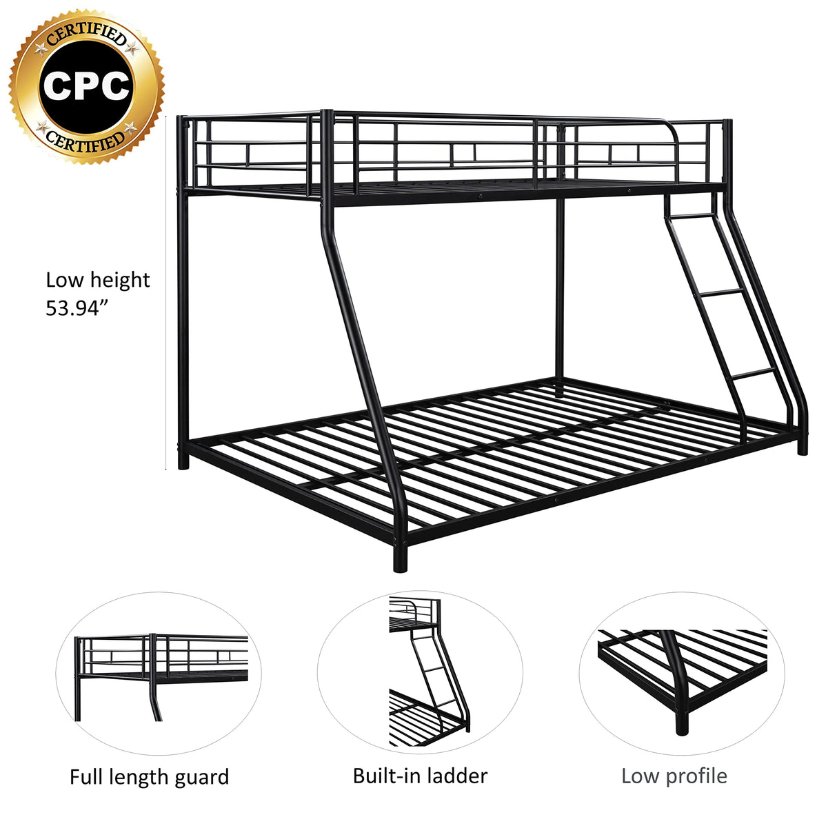 Majnesvon Metal Floor Bunk Bed, Twin Over Full Low Bunk Bed, Heavy Duty Frame with Sloping Ladder and Safety Guardrails for Teens Adults, No Box Spring Needed,Easy Assembly (Black) Majnesvon