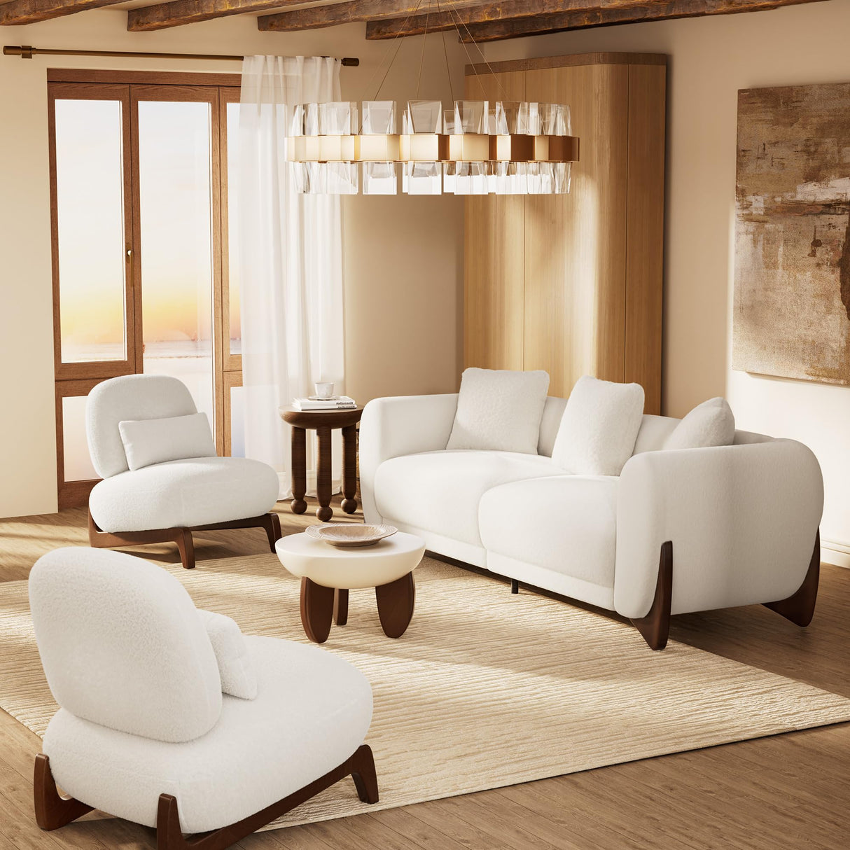 Morden Fort Modern Cloud Couch - 3 Seater Boucle Sofa with Crescent Wood Legs, Ultra-Thick High Resilience Cushion with 3 Matching Pillows Upholyster Comfy Couch Sofa for Living Room - Off White Morden Fort